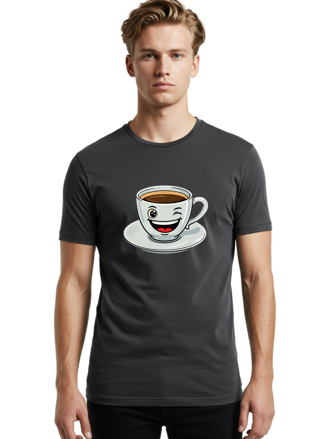 Cup-Of-Coffee Men'S Graphic Tee, 100% Cotton, Comfortable Casual Summer Wear, Machine Washable, Coffee Cup, Cartoon Character, Smiling Face, Happy Expression, Coffee Lover, Morning Pick-Me-Up, Coffee Break, Funny Illustration, Winking Eye Bab840 21