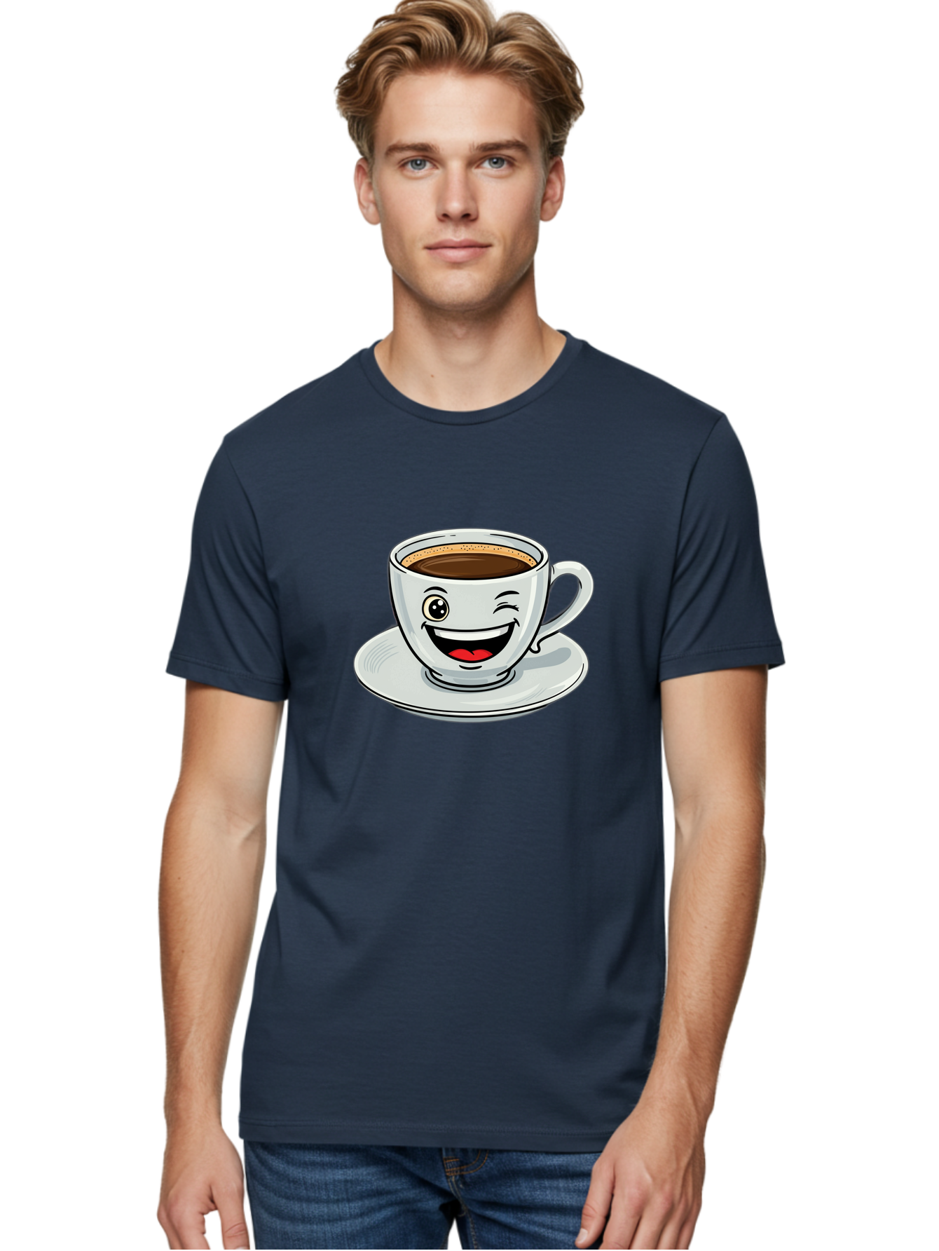 Cup-Of-Coffee Men'S Graphic Tee, 100% Cotton, Comfortable Casual Summer Wear, Machine Washable, Coffee Cup, Cartoon Character, Smiling Face, Happy Expression, Coffee Lover, Morning Pick-Me-Up, Coffee Break, Funny Illustration, Winking Eye Bab840 19