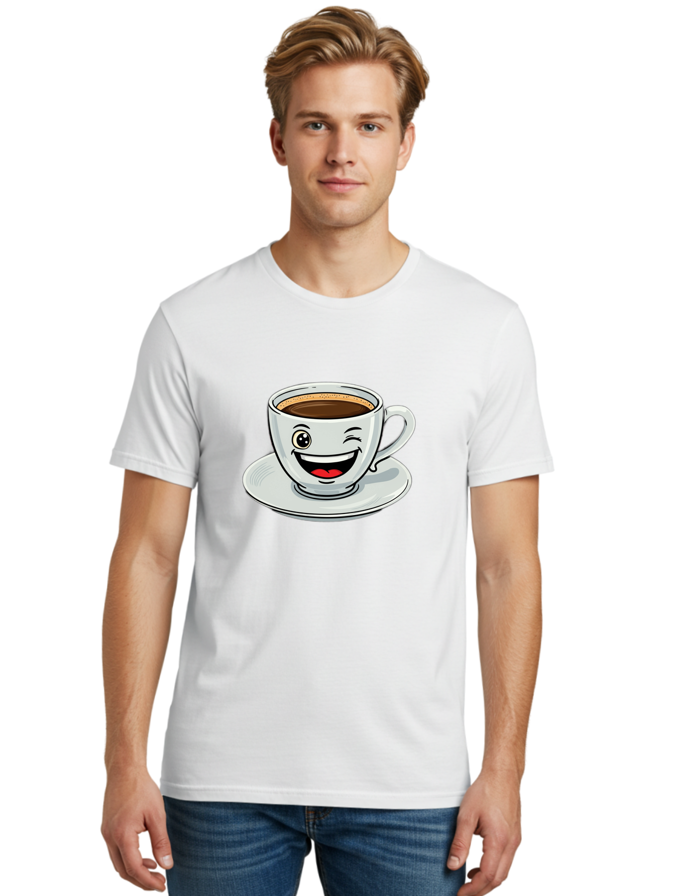 Cup-Of-Coffee Men'S Graphic Tee, 100% Cotton, Comfortable Casual Summer Wear, Machine Washable, Coffee Cup, Cartoon Character, Smiling Face, Happy Expression, Coffee Lover, Morning Pick-Me-Up, Coffee Break, Funny Illustration, Winking Eye Bab840 18