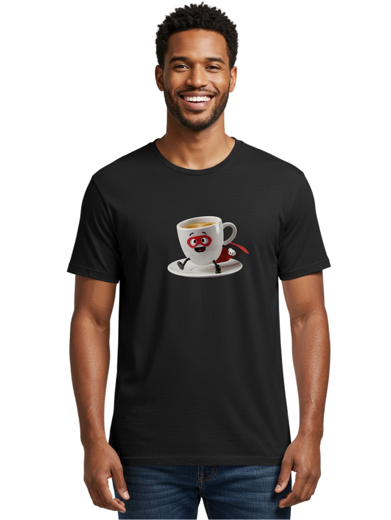 Cup-Superhero Men'S Graphic Tee, 100% Cotton, Comfortable Casual Summer Wear, Machine Washable, Cartoon Coffee Cup, Superhero Theme, Anthropomorphic Design, Red Mask, Cape, Funny Character, Coffee Culture, Cute Illustration Bab842 28