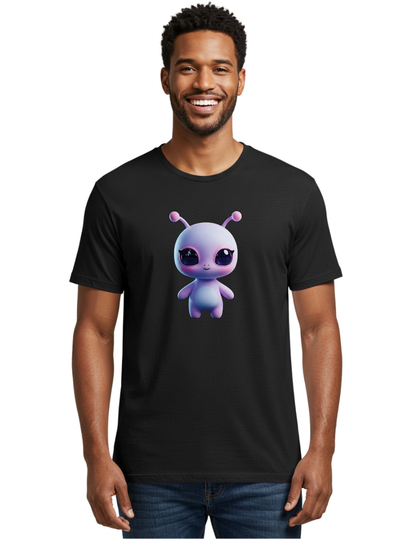 Cute-Alien-Character Men'S Graphic Tee, 100% Cotton, Comfortable Casual Summer Wear, Machine Washable, Alien Character, Cartoon Style, Cute Eyes, Big Eyes, Smiling Face, 3D Rendering, Fantasy Creature, Adorable Being, Purple Hue, Bab844 25