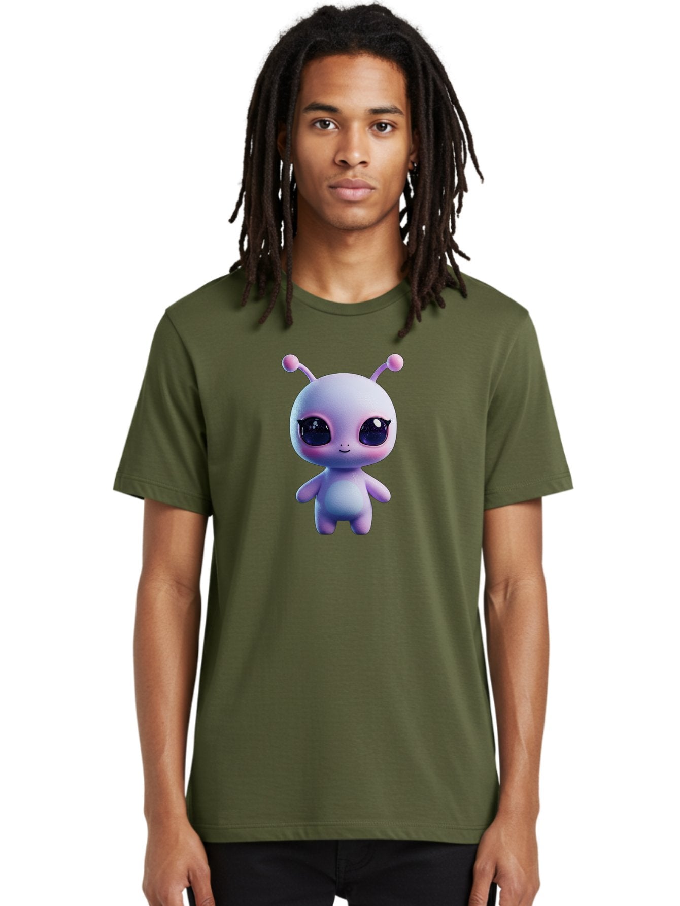 Cute-Alien-Character Men'S Graphic Tee, 100% Cotton, Comfortable Casual Summer Wear, Machine Washable, Alien Character, Cartoon Style, Cute Eyes, Big Eyes, Smiling Face, 3D Rendering, Fantasy Creature, Adorable Being, Purple Hue, Bab844 27