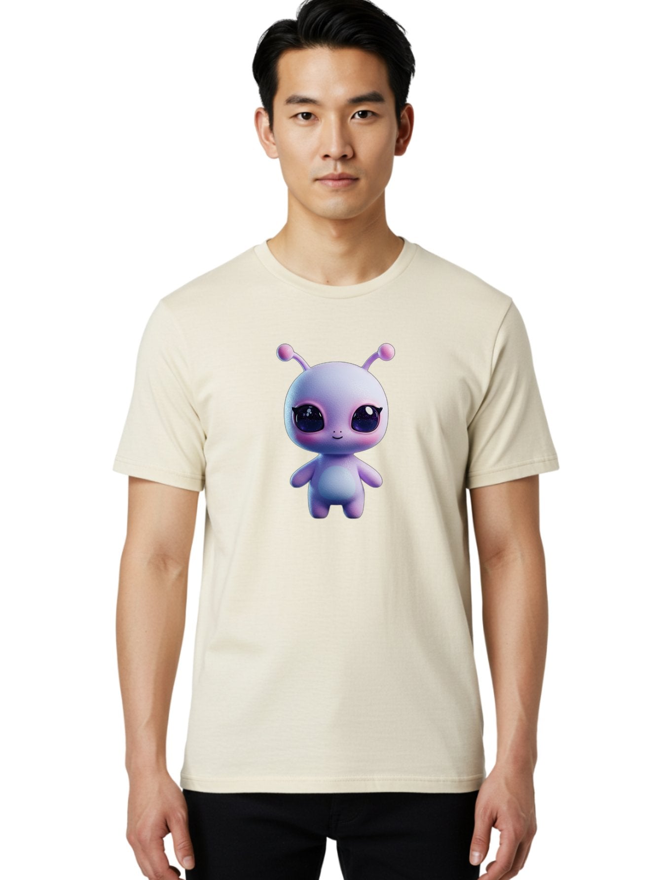 Cute-Alien-Character Men'S Graphic Tee, 100% Cotton, Comfortable Casual Summer Wear, Machine Washable, Alien Character, Cartoon Style, Cute Eyes, Big Eyes, Smiling Face, 3D Rendering, Fantasy Creature, Adorable Being, Purple Hue, Bab844 24