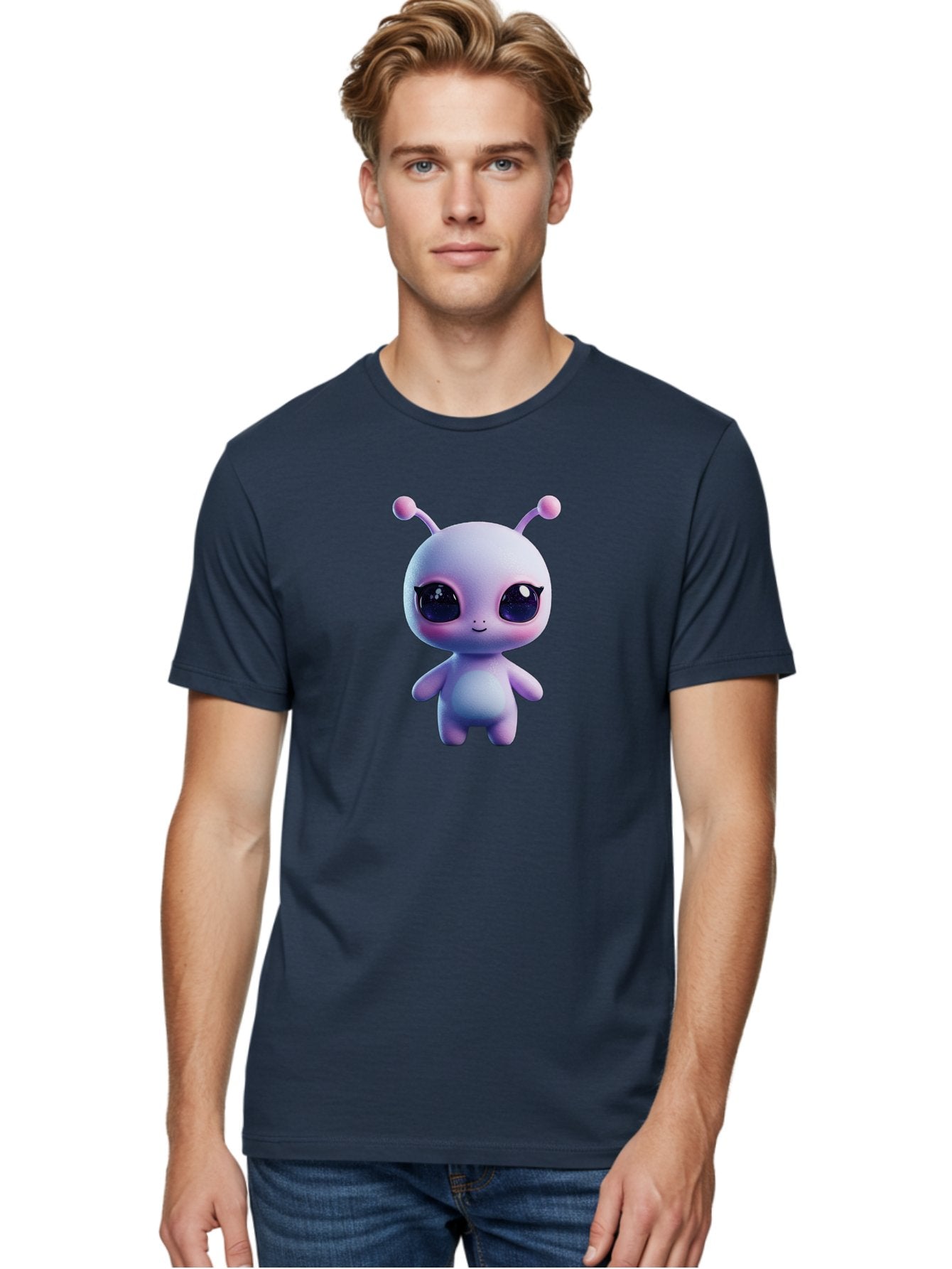 Cute-Alien-Character Men'S Graphic Tee, 100% Cotton, Comfortable Casual Summer Wear, Machine Washable, Alien Character, Cartoon Style, Cute Eyes, Big Eyes, Smiling Face, 3D Rendering, Fantasy Creature, Adorable Being, Purple Hue, Bab844 16