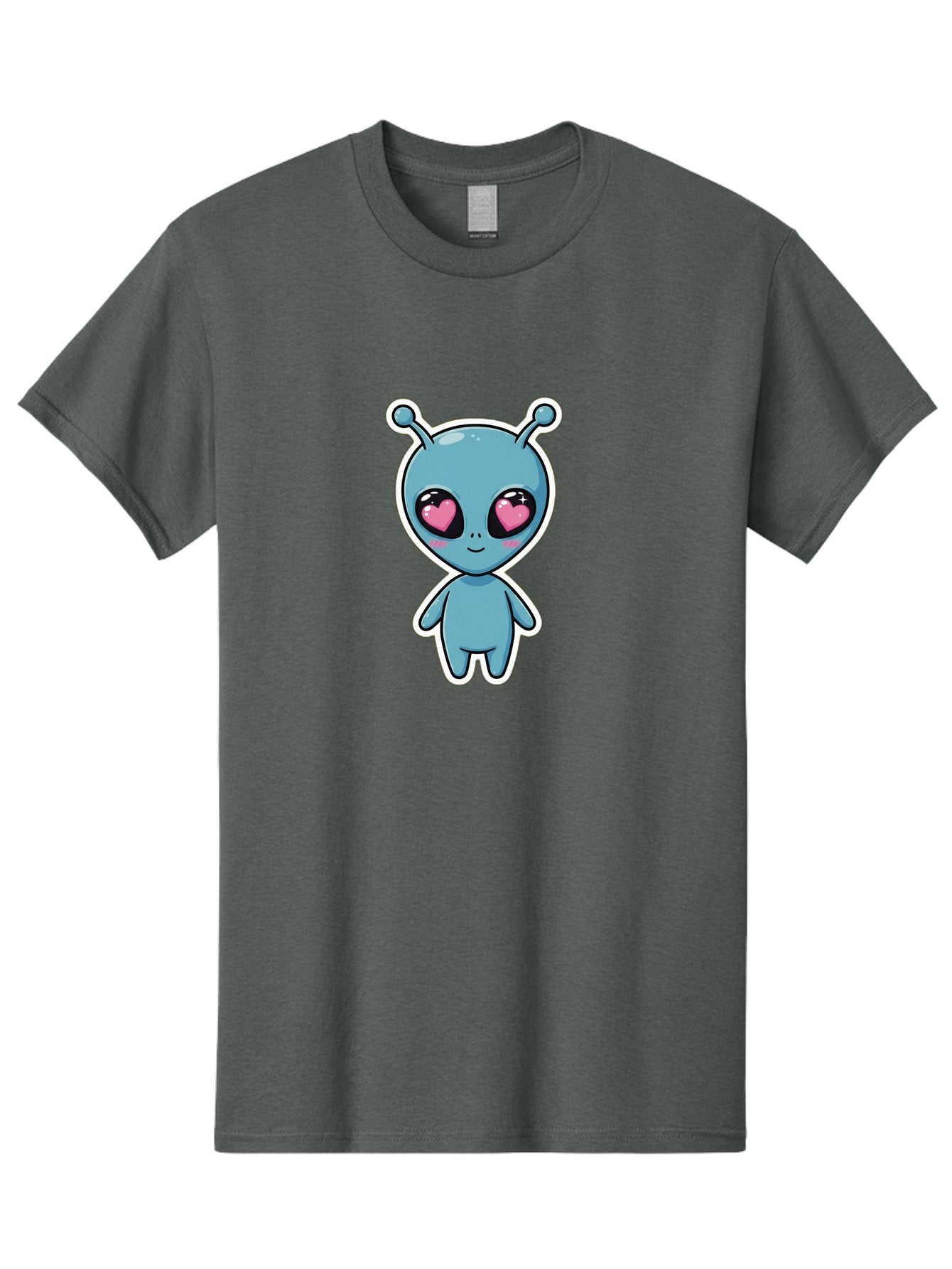 Cute-Alien Men'S Graphic Tee, 100% Cotton, Comfortable Casual Summer Wear, Machine Washable, Cartoon Alien, Cute Extraterrestrial, Blue Creature, Heart Eyes, Pink Irises, Kawaii Character, Alien Illustration, Quirky Design, Adorable Being Bab845 5