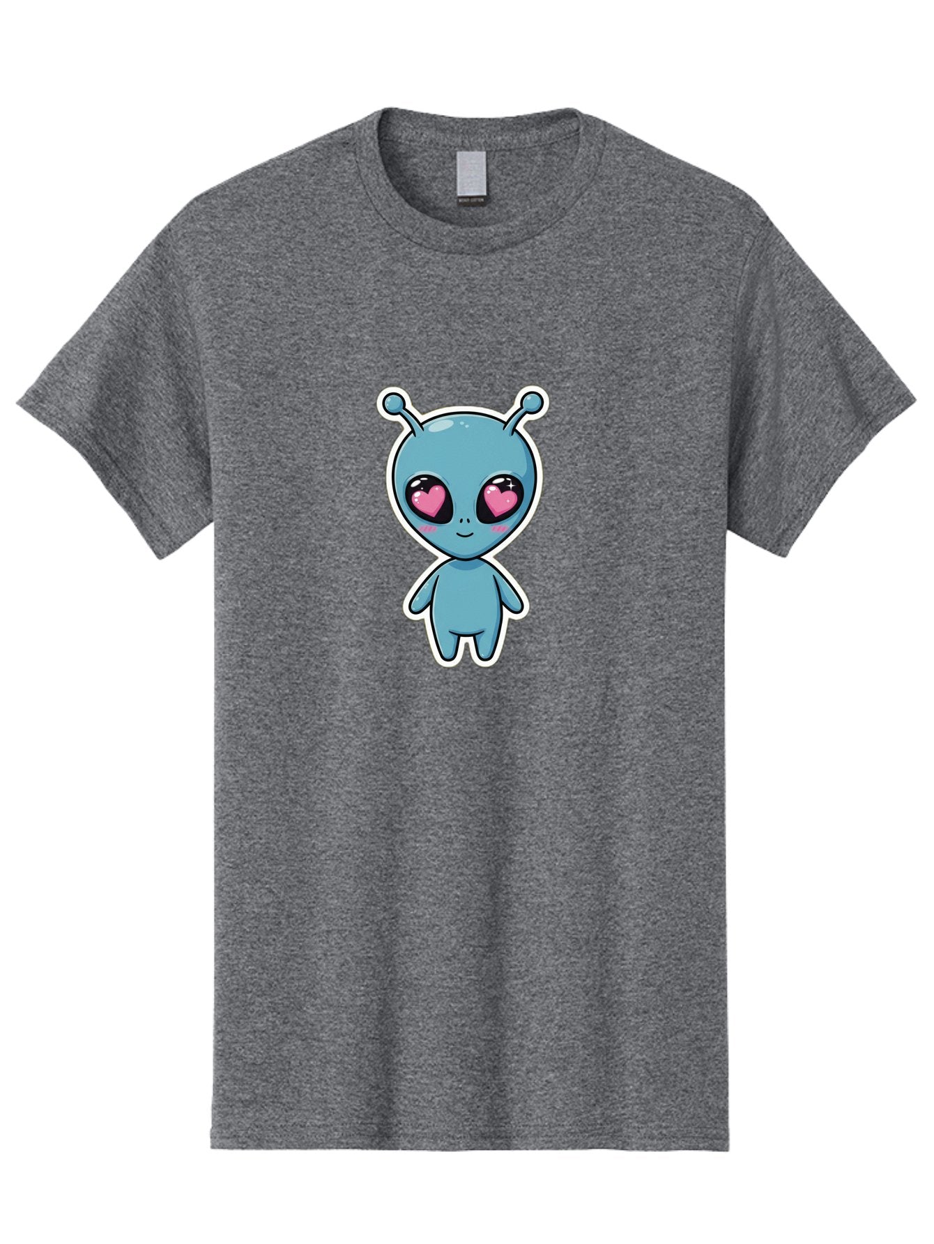 Cute-Alien Men'S Graphic Tee, 100% Cotton, Comfortable Casual Summer Wear, Machine Washable, Cartoon Alien, Cute Extraterrestrial, Blue Creature, Heart Eyes, Pink Irises, Kawaii Character, Alien Illustration, Quirky Design, Adorable Being Bab845 6