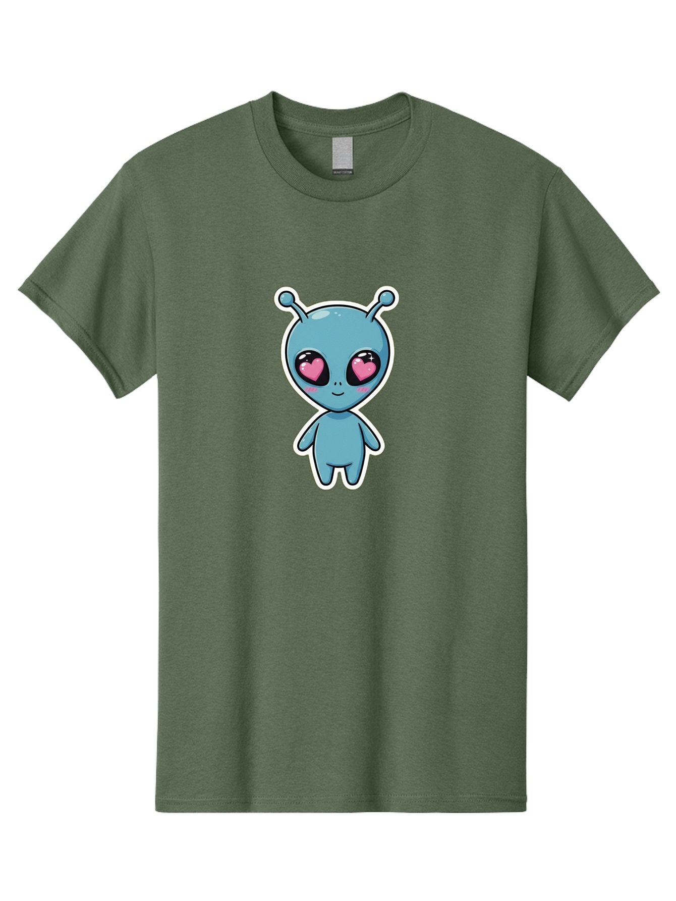 Cute-Alien Men'S Graphic Tee, 100% Cotton, Comfortable Casual Summer Wear, Machine Washable, Cartoon Alien, Cute Extraterrestrial, Blue Creature, Heart Eyes, Pink Irises, Kawaii Character, Alien Illustration, Quirky Design, Adorable Being Bab845 11