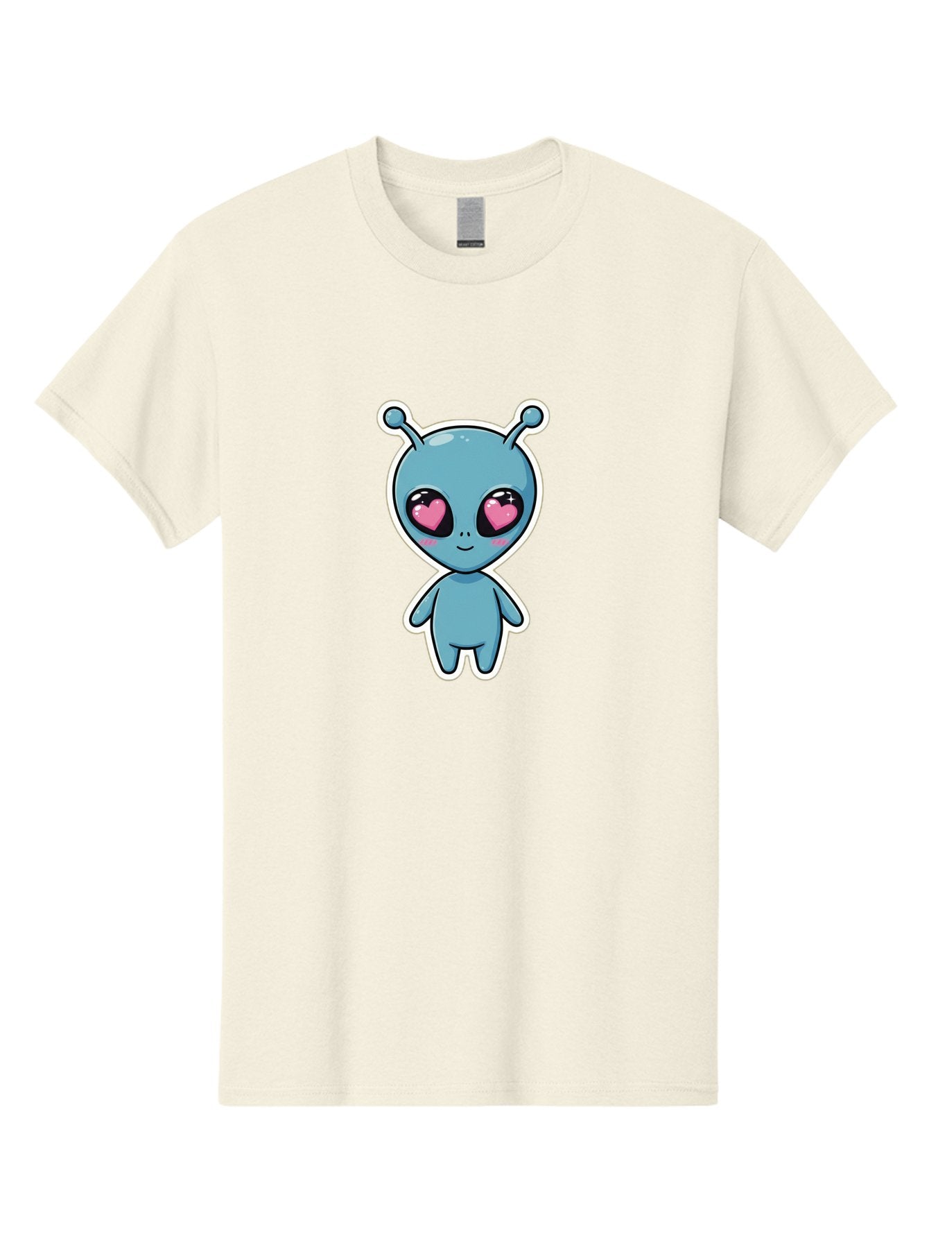Cute-Alien Men'S Graphic Tee, 100% Cotton, Comfortable Casual Summer Wear, Machine Washable, Cartoon Alien, Cute Extraterrestrial, Blue Creature, Heart Eyes, Pink Irises, Kawaii Character, Alien Illustration, Quirky Design, Adorable Being Bab845 13
