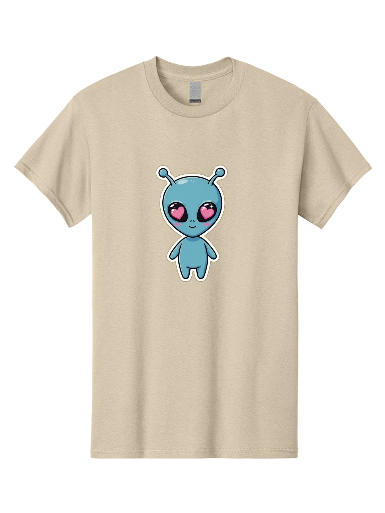 Cute-Alien Men'S Graphic Tee, 100% Cotton, Comfortable Casual Summer Wear, Machine Washable, Cartoon Alien, Cute Extraterrestrial, Blue Creature, Heart Eyes, Pink Irises, Kawaii Character, Alien Illustration, Quirky Design, Adorable Being Bab845 10