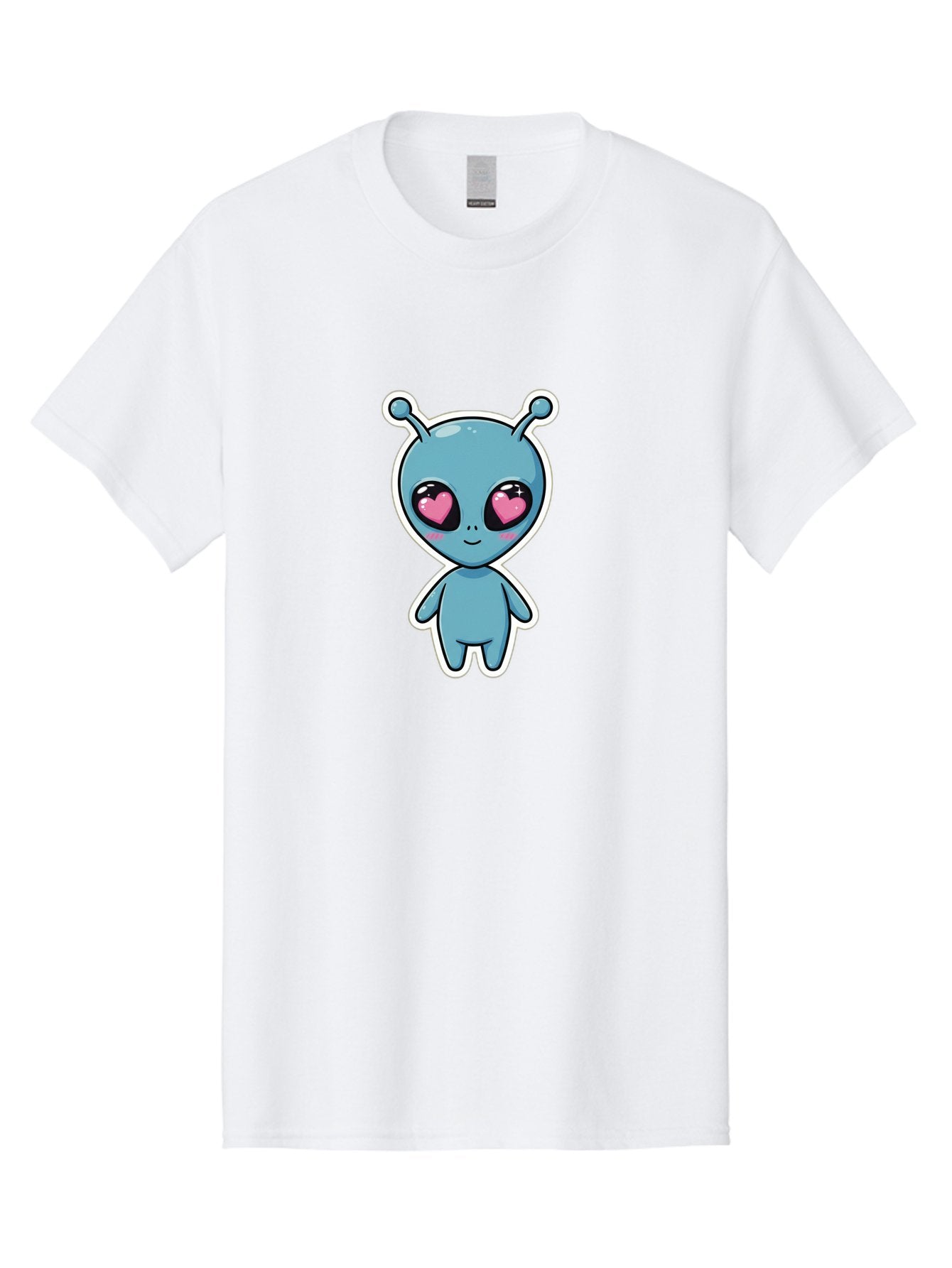 Cute-Alien Men'S Graphic Tee, 100% Cotton, Comfortable Casual Summer Wear, Machine Washable, Cartoon Alien, Cute Extraterrestrial, Blue Creature, Heart Eyes, Pink Irises, Kawaii Character, Alien Illustration, Quirky Design, Adorable Being Bab845 4