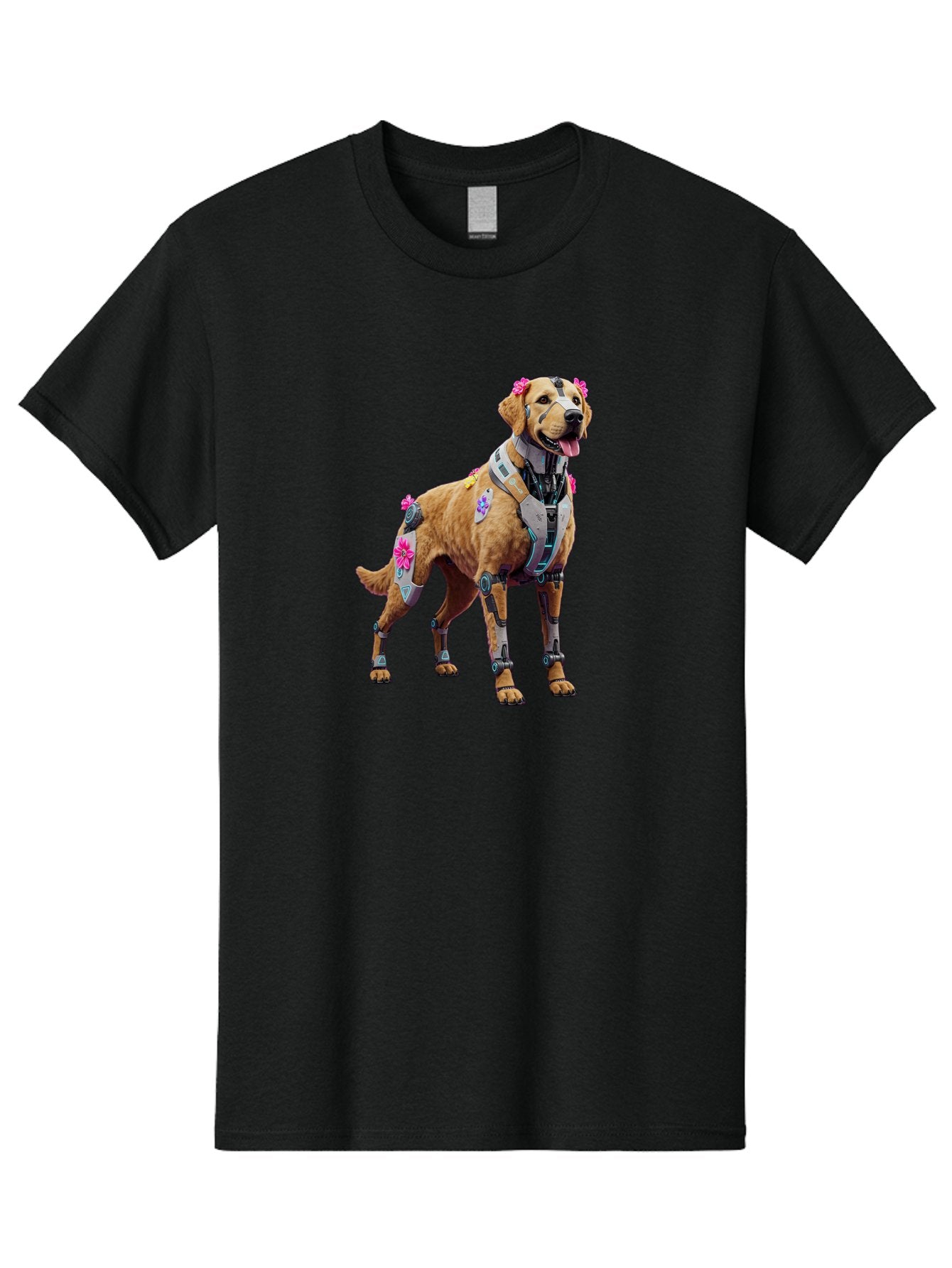 Cyber-Dog Men'S Graphic Tee, 100% Cotton, Comfortable Casual Summer Wear, Machine Washable, Cyberpunk Dog, Futuristic Canine, Dog With Cybernetic Enhancements, Robotic Dog, Sci-Fi Pet, Flowers On Ears, Floral Accents, Metallic Plating, Bab847 10
