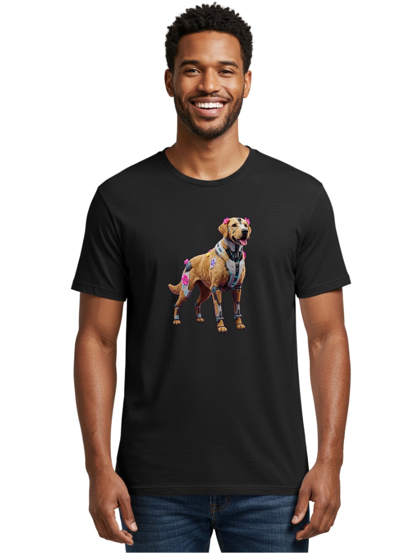 Cyber-Dog Men'S Graphic Tee, 100% Cotton, Comfortable Casual Summer Wear, Machine Washable, Cyberpunk Dog, Futuristic Canine, Dog With Cybernetic Enhancements, Robotic Dog, Sci-Fi Pet, Flowers On Ears, Floral Accents, Metallic Plating, Bab847 17