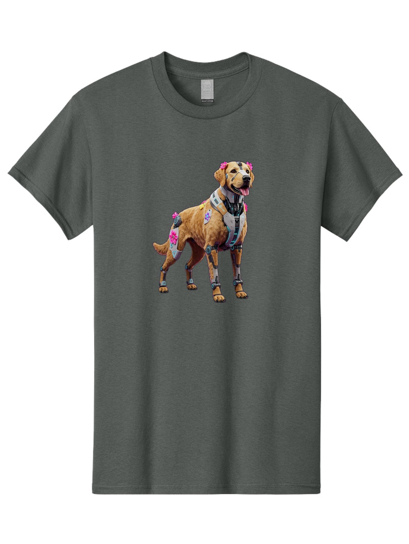Cyber-Dog Men'S Graphic Tee, 100% Cotton, Comfortable Casual Summer Wear, Machine Washable, Cyberpunk Dog, Futuristic Canine, Dog With Cybernetic Enhancements, Robotic Dog, Sci-Fi Pet, Flowers On Ears, Floral Accents, Metallic Plating, Bab847