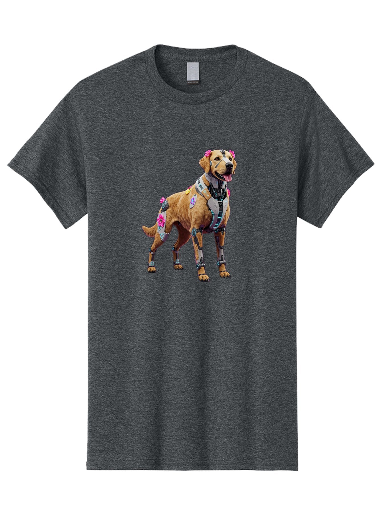 Cyber-Dog Men'S Graphic Tee, 100% Cotton, Comfortable Casual Summer Wear, Machine Washable, Cyberpunk Dog, Futuristic Canine, Dog With Cybernetic Enhancements, Robotic Dog, Sci-Fi Pet, Flowers On Ears, Floral Accents, Metallic Plating, Bab847 14