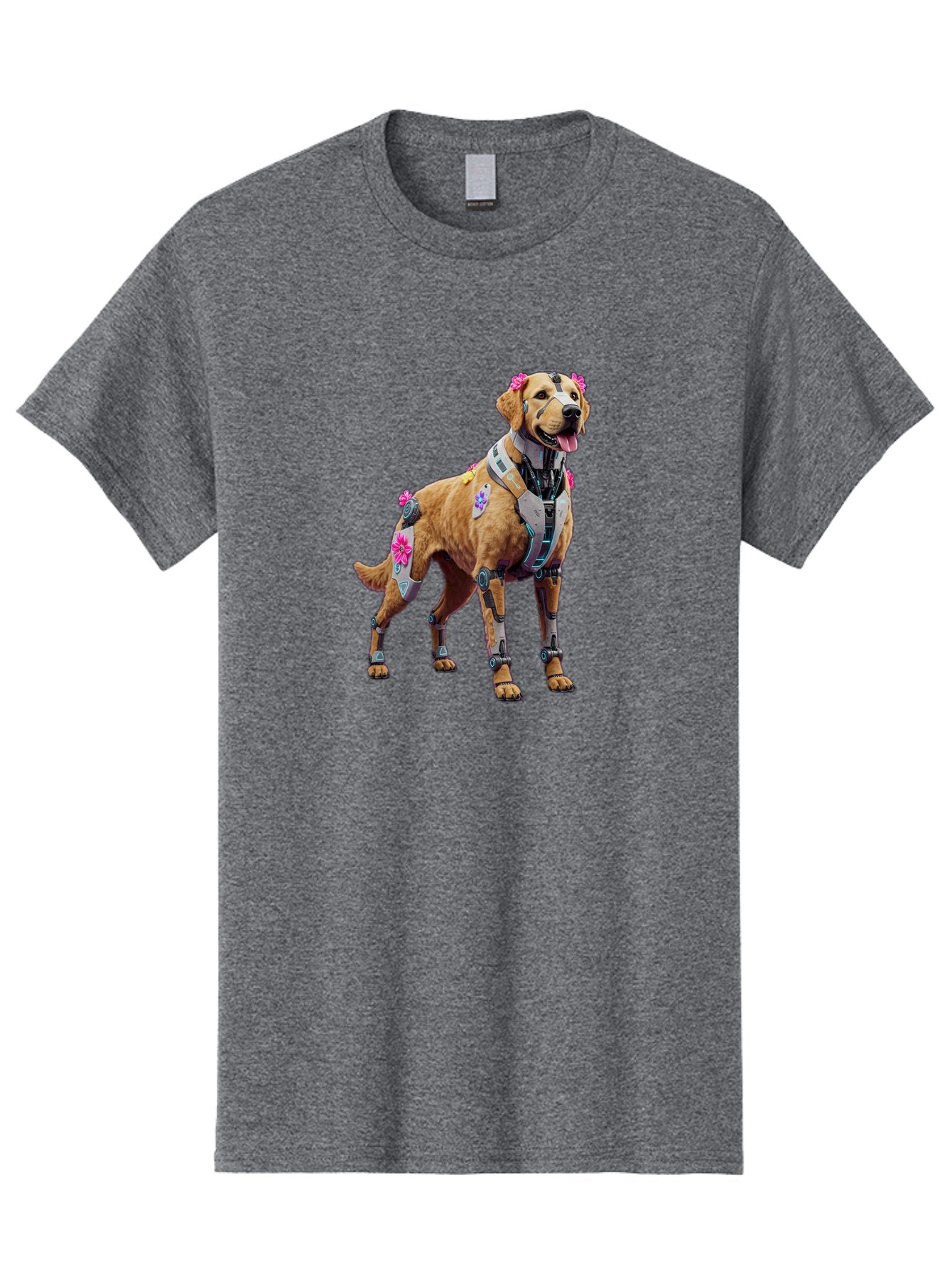 Cyber-Dog Men'S Graphic Tee, 100% Cotton, Comfortable Casual Summer Wear, Machine Washable, Cyberpunk Dog, Futuristic Canine, Dog With Cybernetic Enhancements, Robotic Dog, Sci-Fi Pet, Flowers On Ears, Floral Accents, Metallic Plating, Bab847 7