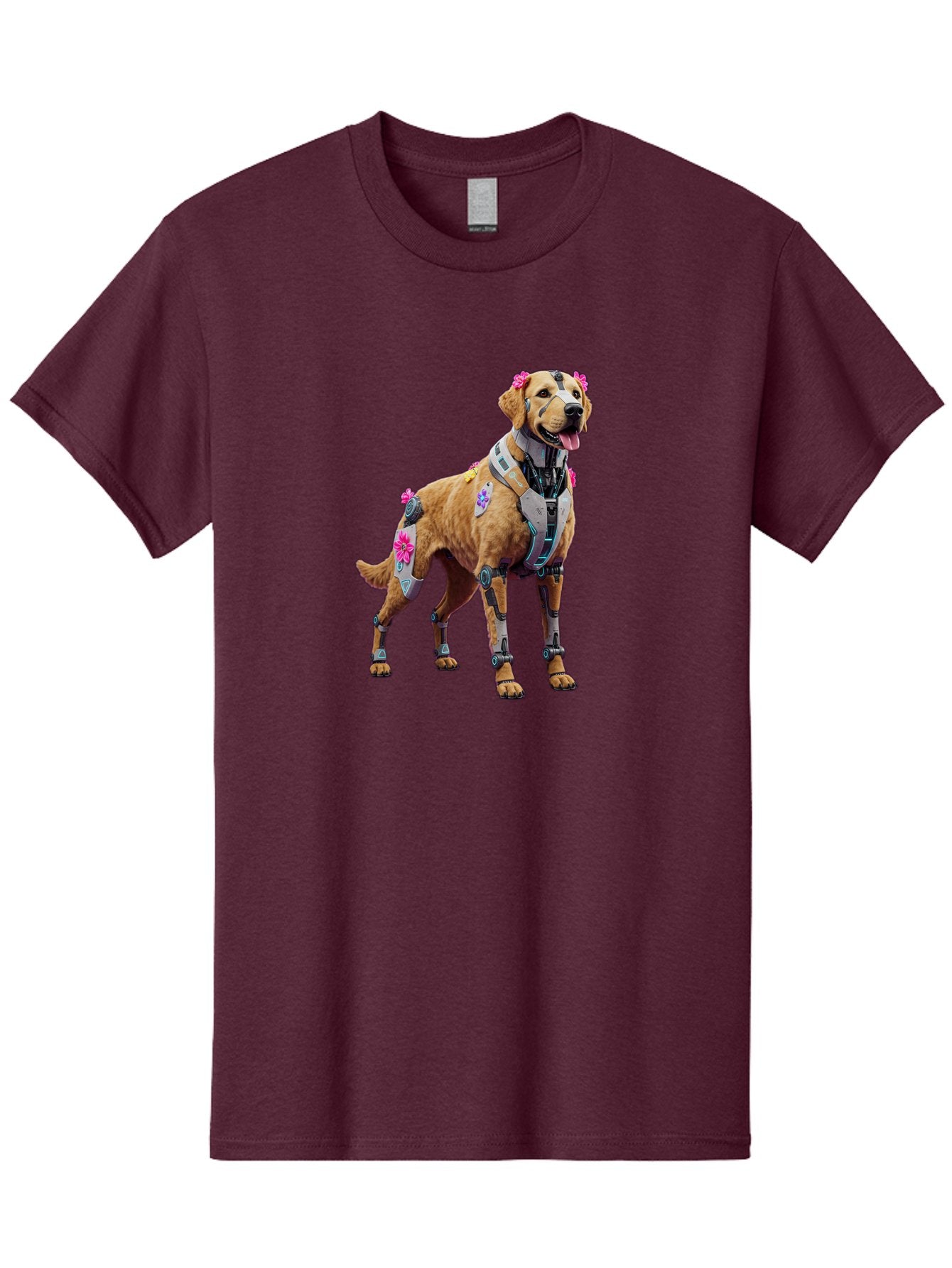 Cyber-Dog Men'S Graphic Tee, 100% Cotton, Comfortable Casual Summer Wear, Machine Washable, Cyberpunk Dog, Futuristic Canine, Dog With Cybernetic Enhancements, Robotic Dog, Sci-Fi Pet, Flowers On Ears, Floral Accents, Metallic Plating, Bab847 3
