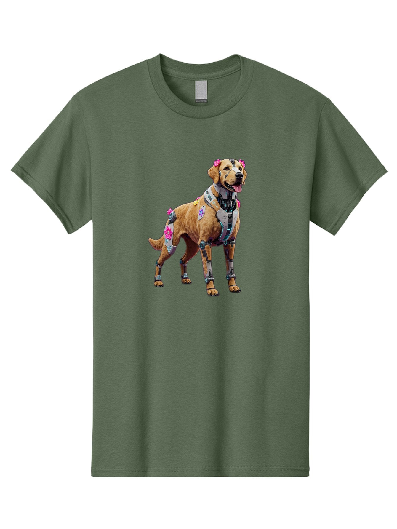Cyber-Dog Men'S Graphic Tee, 100% Cotton, Comfortable Casual Summer Wear, Machine Washable, Cyberpunk Dog, Futuristic Canine, Dog With Cybernetic Enhancements, Robotic Dog, Sci-Fi Pet, Flowers On Ears, Floral Accents, Metallic Plating, Bab847 12