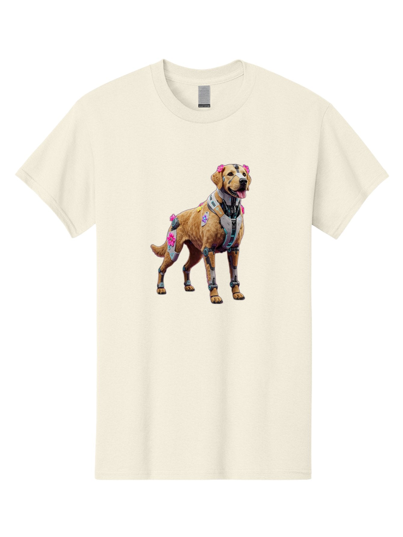 Cyber-Dog Men'S Graphic Tee, 100% Cotton, Comfortable Casual Summer Wear, Machine Washable, Cyberpunk Dog, Futuristic Canine, Dog With Cybernetic Enhancements, Robotic Dog, Sci-Fi Pet, Flowers On Ears, Floral Accents, Metallic Plating, Bab847