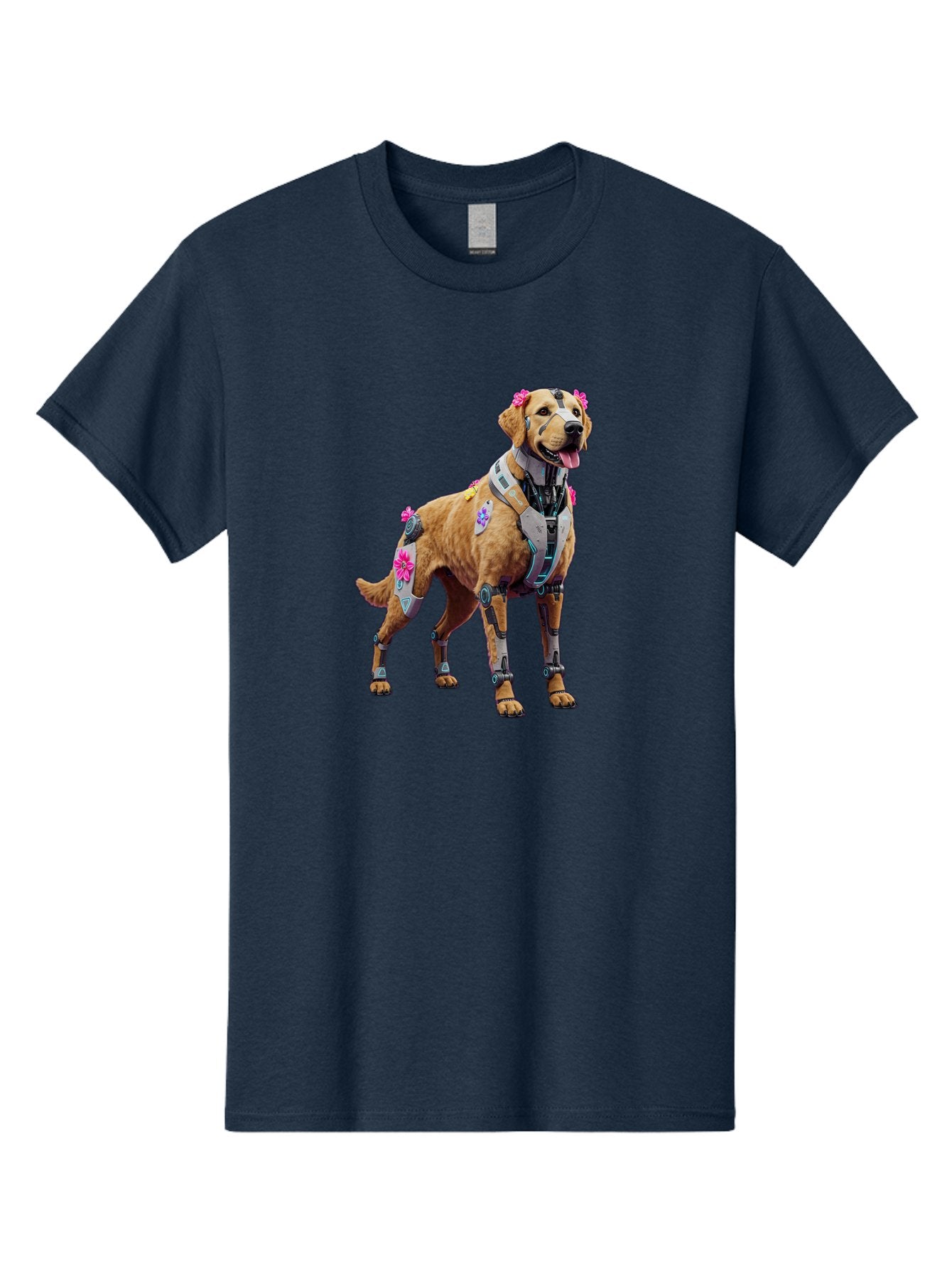 Cyber-Dog Men'S Graphic Tee, 100% Cotton, Comfortable Casual Summer Wear, Machine Washable, Cyberpunk Dog, Futuristic Canine, Dog With Cybernetic Enhancements, Robotic Dog, Sci-Fi Pet, Flowers On Ears, Floral Accents, Metallic Plating, Bab847 8
