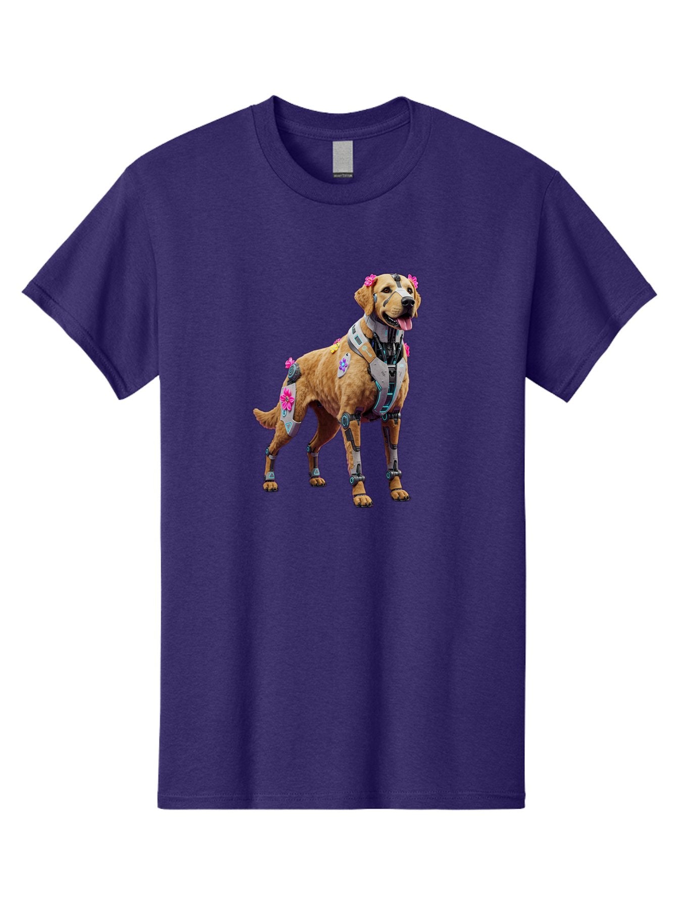 Cyber-Dog Men'S Graphic Tee, 100% Cotton, Comfortable Casual Summer Wear, Machine Washable, Cyberpunk Dog, Futuristic Canine, Dog With Cybernetic Enhancements, Robotic Dog, Sci-Fi Pet, Flowers On Ears, Floral Accents, Metallic Plating, Bab847 9