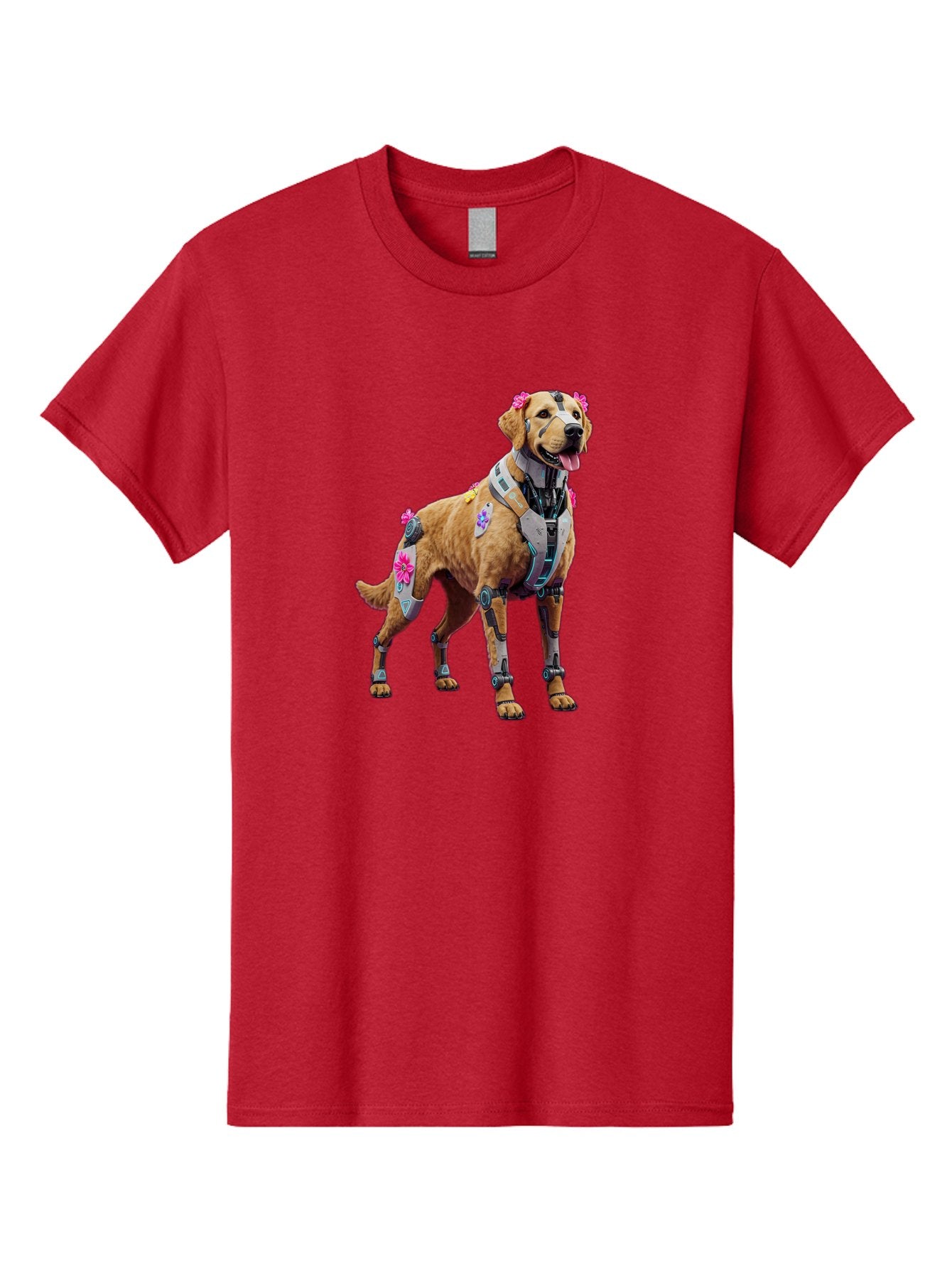 Cyber-Dog Men'S Graphic Tee, 100% Cotton, Comfortable Casual Summer Wear, Machine Washable, Cyberpunk Dog, Futuristic Canine, Dog With Cybernetic Enhancements, Robotic Dog, Sci-Fi Pet, Flowers On Ears, Floral Accents, Metallic Plating, Bab847 6
