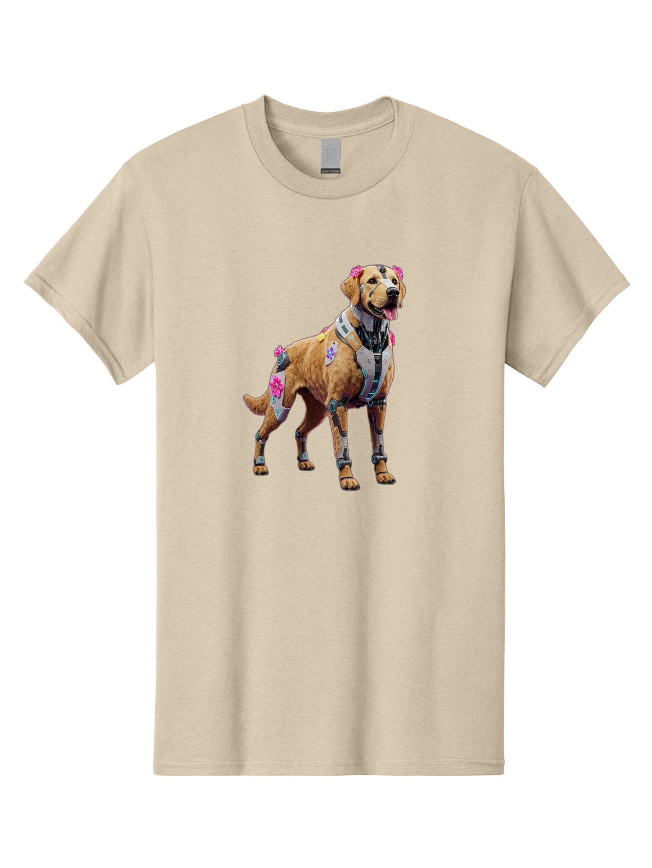 Cyber-Dog Men'S Graphic Tee, 100% Cotton, Comfortable Casual Summer Wear, Machine Washable, Cyberpunk Dog, Futuristic Canine, Dog With Cybernetic Enhancements, Robotic Dog, Sci-Fi Pet, Flowers On Ears, Floral Accents, Metallic Plating, Bab847 15