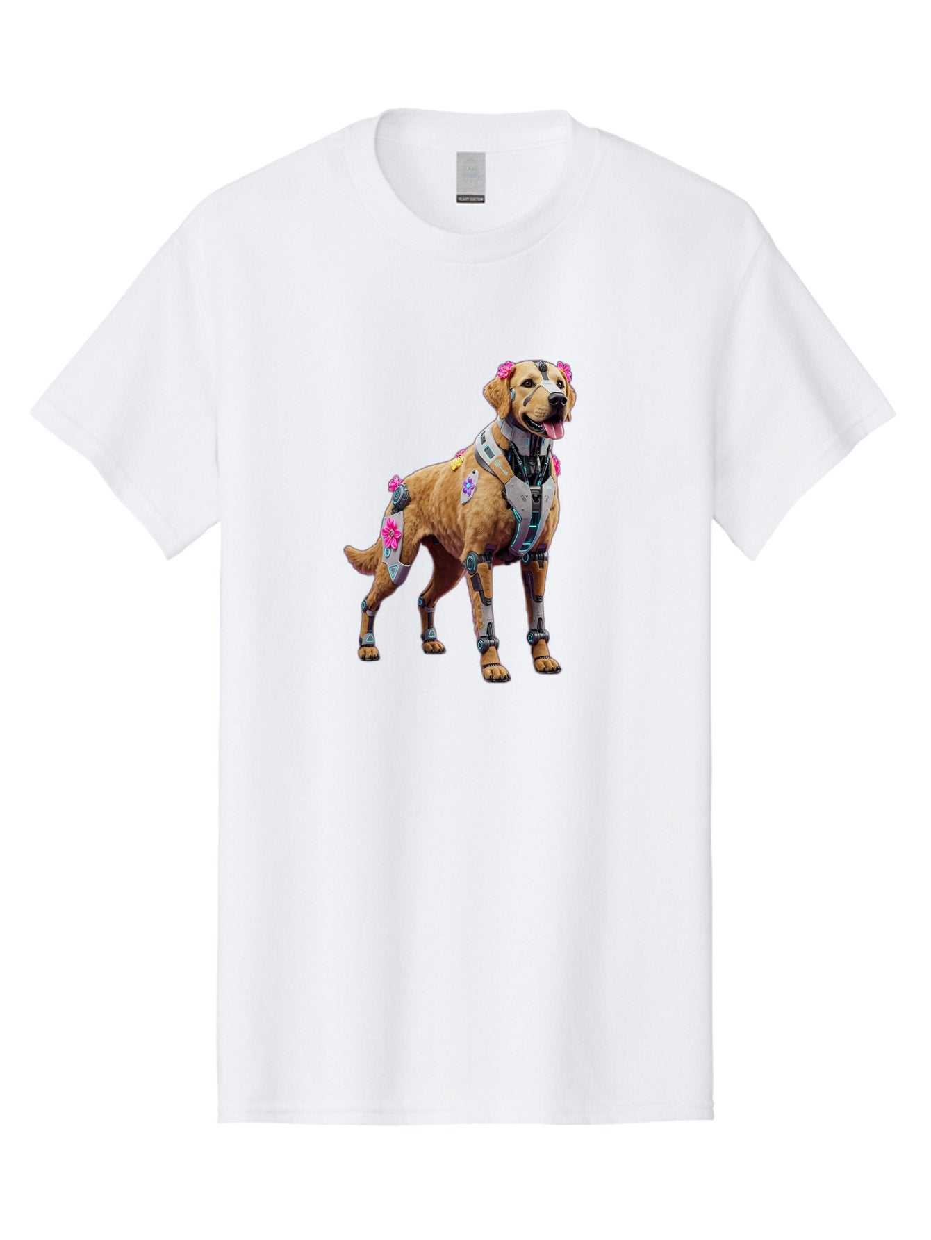 Cyber-Dog Men'S Graphic Tee, 100% Cotton, Comfortable Casual Summer Wear, Machine Washable, Cyberpunk Dog, Futuristic Canine, Dog With Cybernetic Enhancements, Robotic Dog, Sci-Fi Pet, Flowers On Ears, Floral Accents, Metallic Plating, Bab847 4