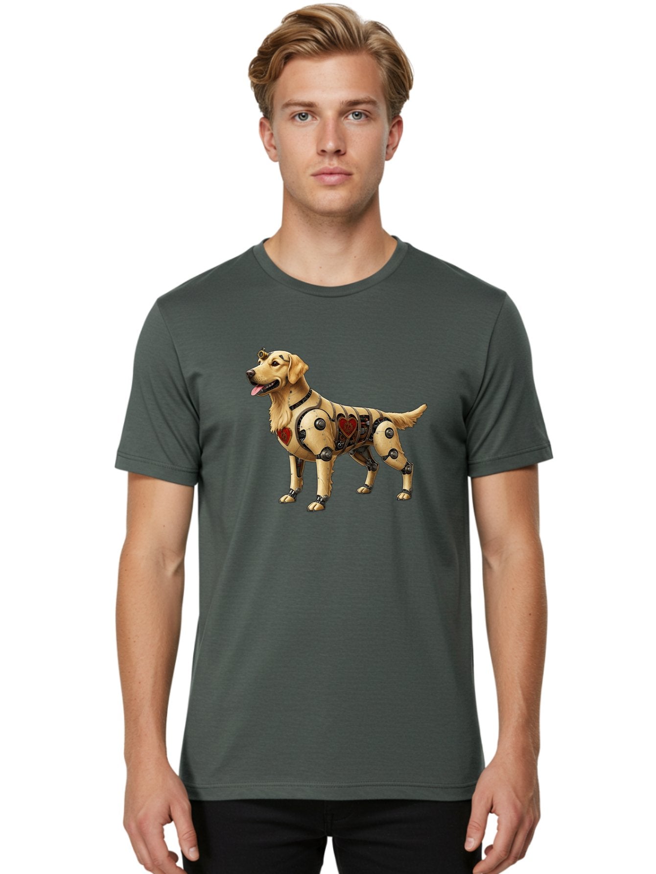 Cyborg-Golden-Retriever Men'S Graphic Tee, 100% Cotton, Comfortable Casual Summer Wear, Machine Washable, Cyborg Dog, Robotic Limbs, Golden Retriever, Futuristic Pet, Sci-Fi Art, Mechanical Enhancements, Heart-Shaped Components, Bab848 17