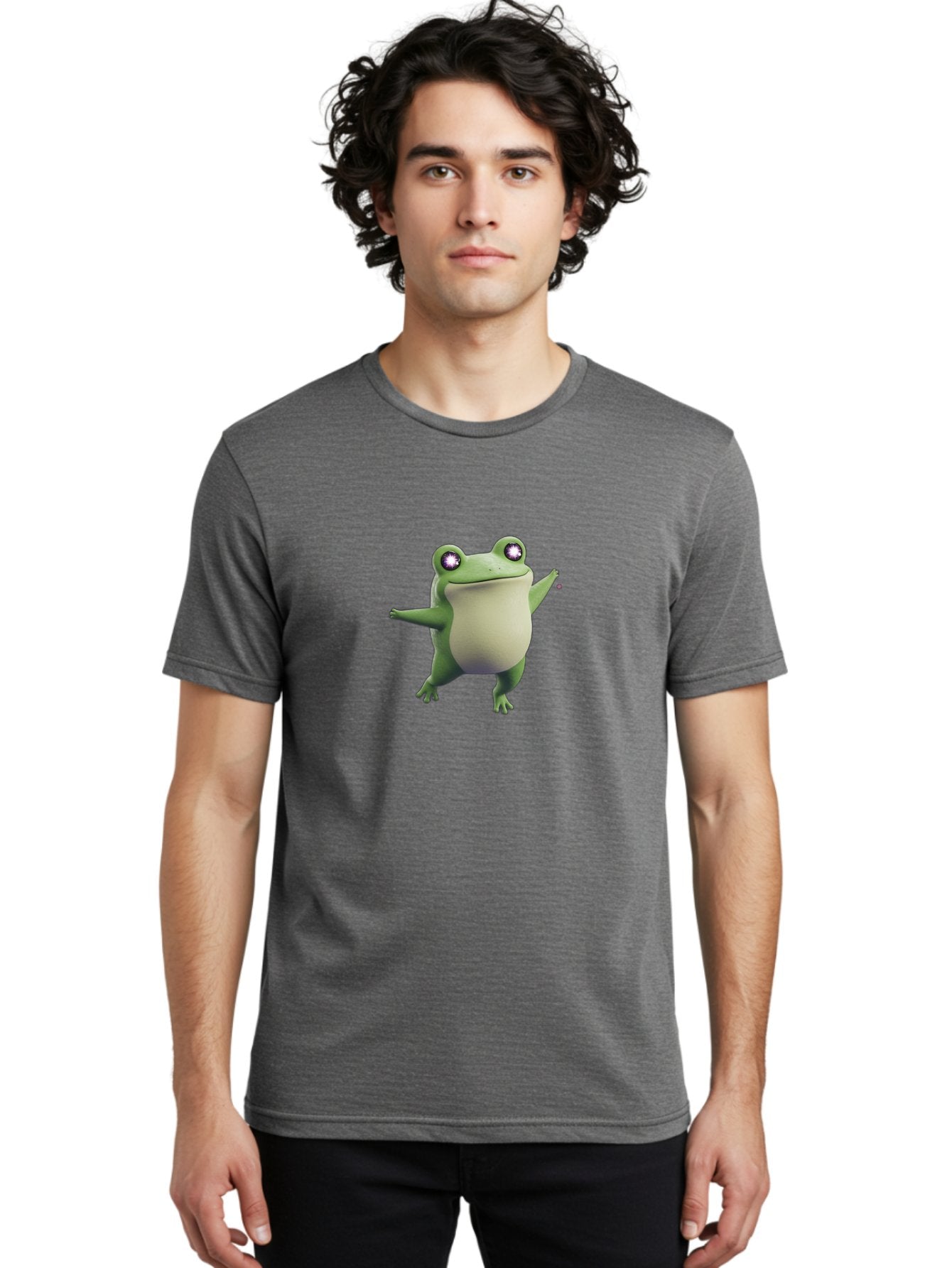 Dancing-Frog-1 Men'S Graphic Tee, 100% Cotton, Comfortable Casual Summer Wear, Machine Washable, Cartoon Frog, Dancing Pose, Funny Animal, Animated Character, 3D Rendering, Big Eyes, Cute Creature, Playful Gesture, Comedic Effect Bab850 17