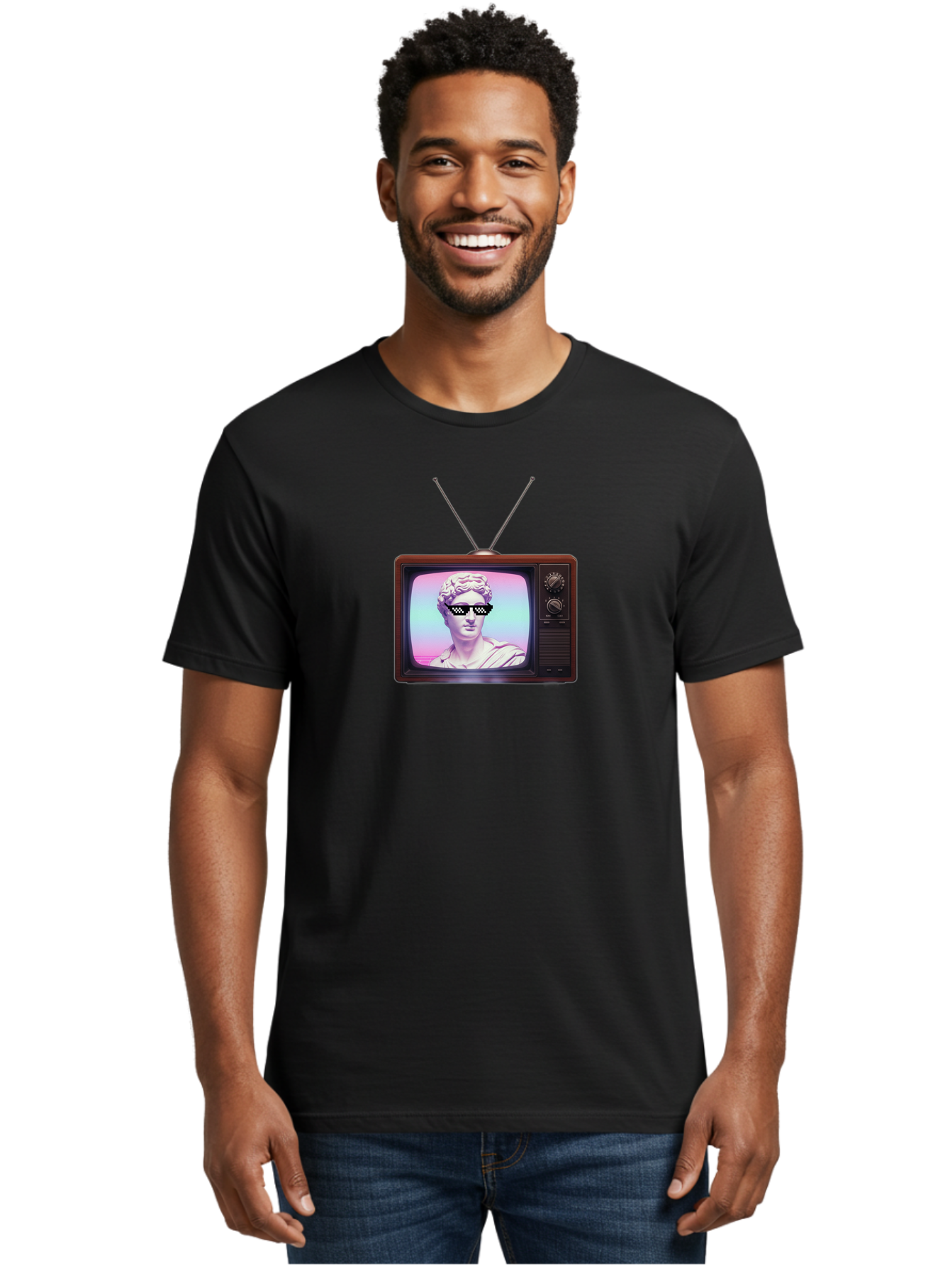 David-Wearing-Sunglasses Men'S Graphic Tee, 100% Cotton, Comfortable Casual Summer Wear, Machine Washable, Vintage Television, Antique Tv, David Statue, Thug Life Shades, Sunglasses On Statue, Pop Culture, Retro Technology, Bab852 30