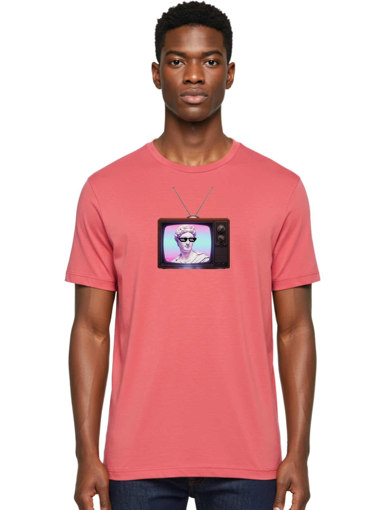 David-Wearing-Sunglasses Men'S Graphic Tee, 100% Cotton, Comfortable Casual Summer Wear, Machine Washable, Vintage Television, Antique Tv, David Statue, Thug Life Shades, Sunglasses On Statue, Pop Culture, Retro Technology, Bab852 29