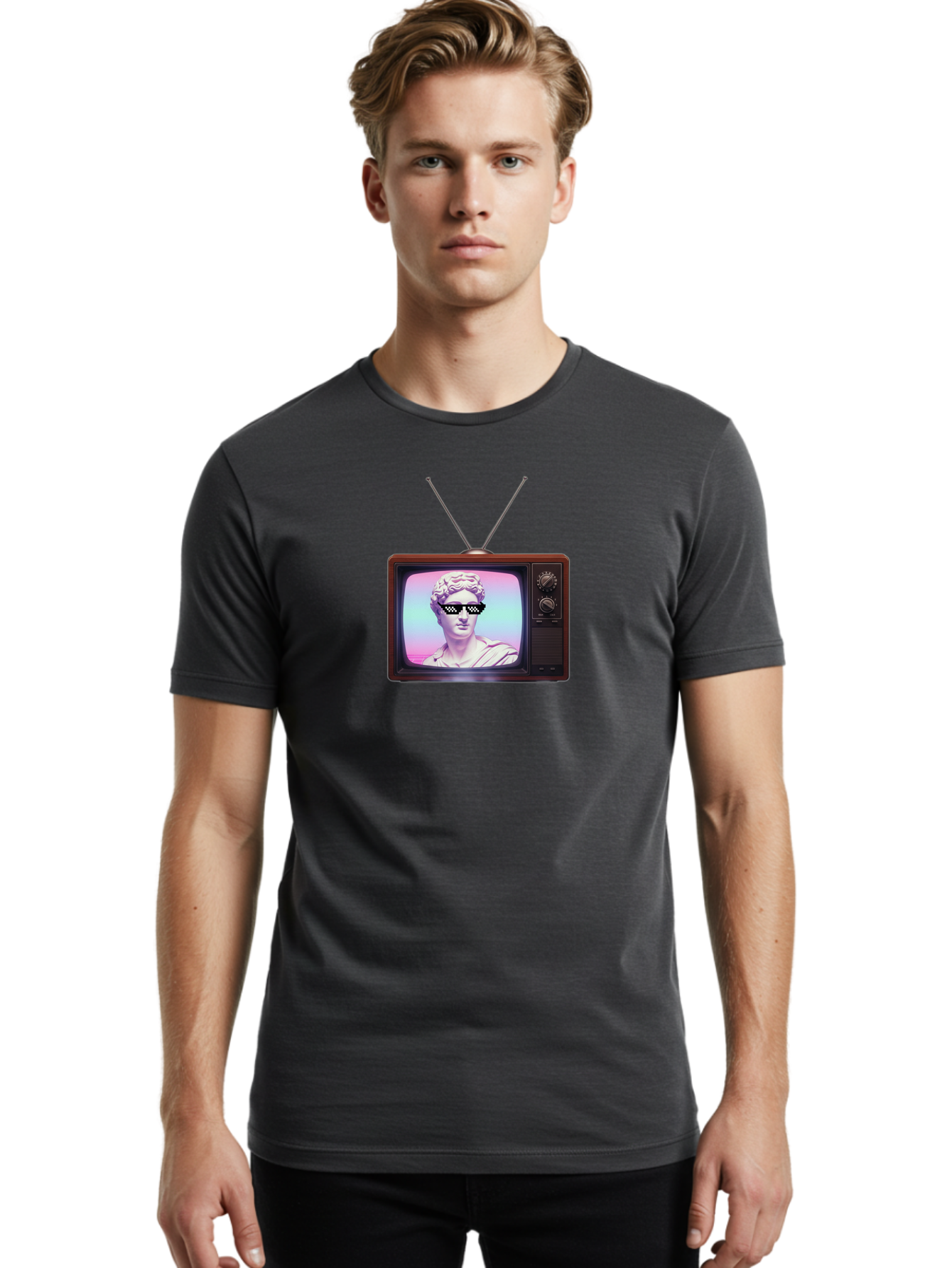 David-Wearing-Sunglasses Men'S Graphic Tee, 100% Cotton, Comfortable Casual Summer Wear, Machine Washable, Vintage Television, Antique Tv, David Statue, Thug Life Shades, Sunglasses On Statue, Pop Culture, Retro Technology, Bab852 19