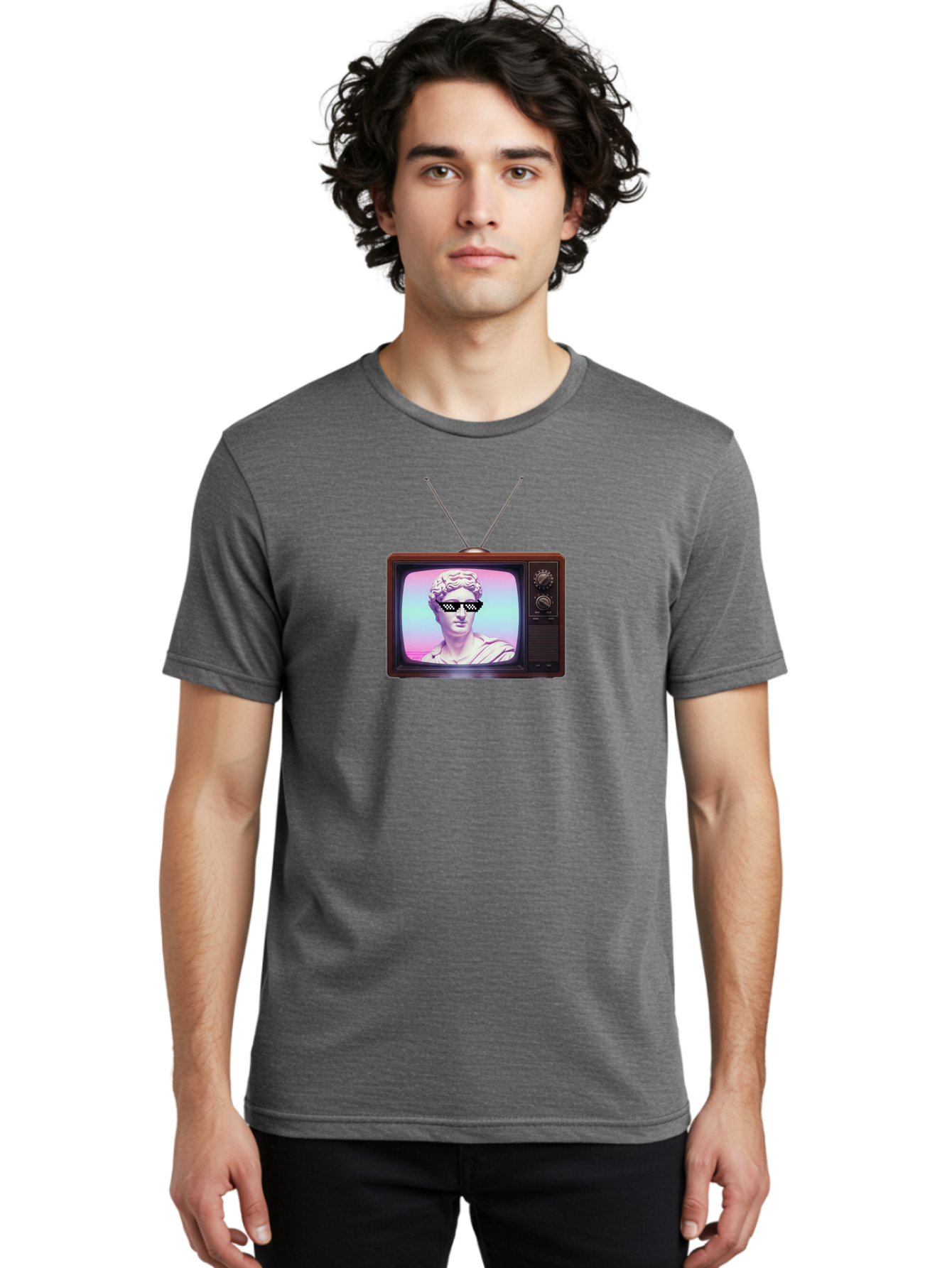 David-Wearing-Sunglasses Men'S Graphic Tee, 100% Cotton, Comfortable Casual Summer Wear, Machine Washable, Vintage Television, Antique Tv, David Statue, Thug Life Shades, Sunglasses On Statue, Pop Culture, Retro Technology, Bab852 17