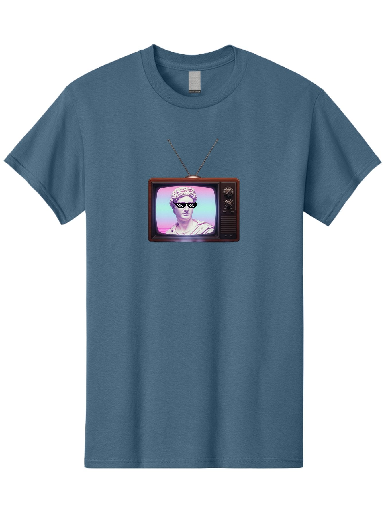 David-Wearing-Sunglasses Men'S Graphic Tee, 100% Cotton, Comfortable Casual Summer Wear, Machine Washable, Vintage Television, Antique Tv, David Statue, Thug Life Shades, Sunglasses On Statue, Pop Culture, Retro Technology, Bab852 3
