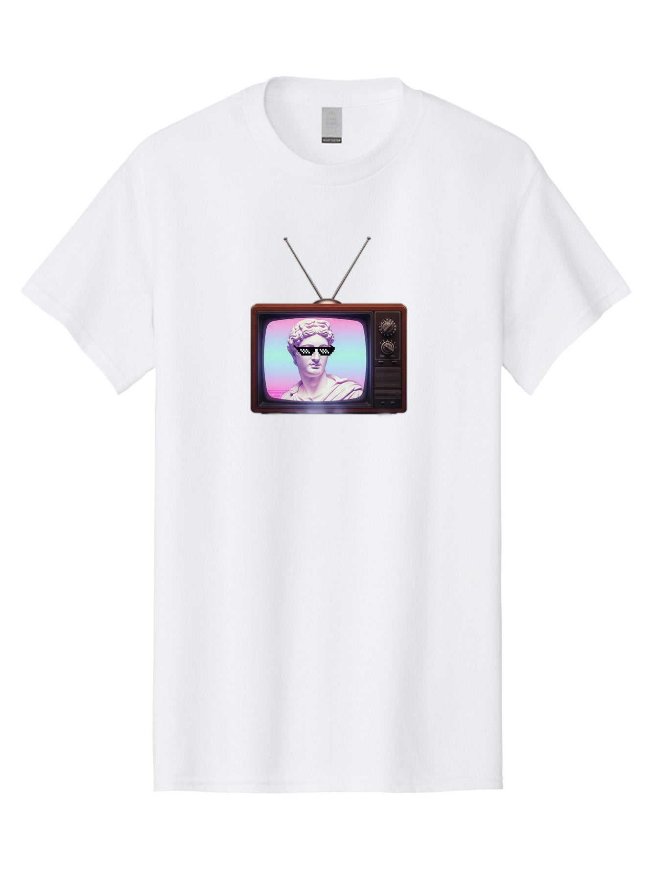 David-Wearing-Sunglasses Men'S Graphic Tee, 100% Cotton, Comfortable Casual Summer Wear, Machine Washable, Vintage Television, Antique Tv, David Statue, Thug Life Shades, Sunglasses On Statue, Pop Culture, Retro Technology, Bab852 6