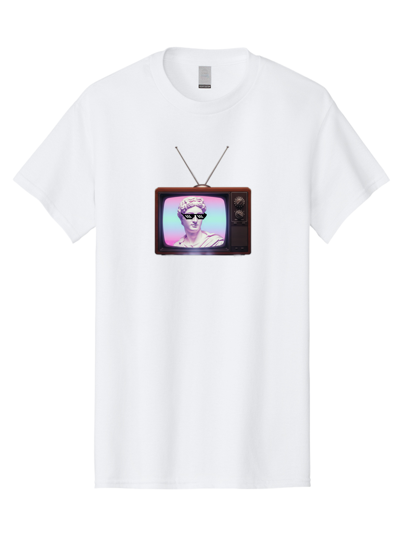 David-Wearing-Sunglasses Men'S Graphic Tee, 100% Cotton, Comfortable Casual Summer Wear, Machine Washable, Vintage Television, Antique Tv, David Statue, Thug Life Shades, Sunglasses On Statue, Pop Culture, Retro Technology, Bab852 7