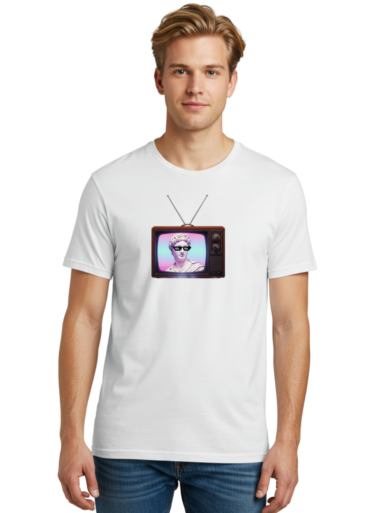 David-Wearing-Sunglasses Men'S Graphic Tee, 100% Cotton, Comfortable Casual Summer Wear, Machine Washable, Vintage Television, Antique Tv, David Statue, Thug Life Shades, Sunglasses On Statue, Pop Culture, Retro Technology, Bab852 22