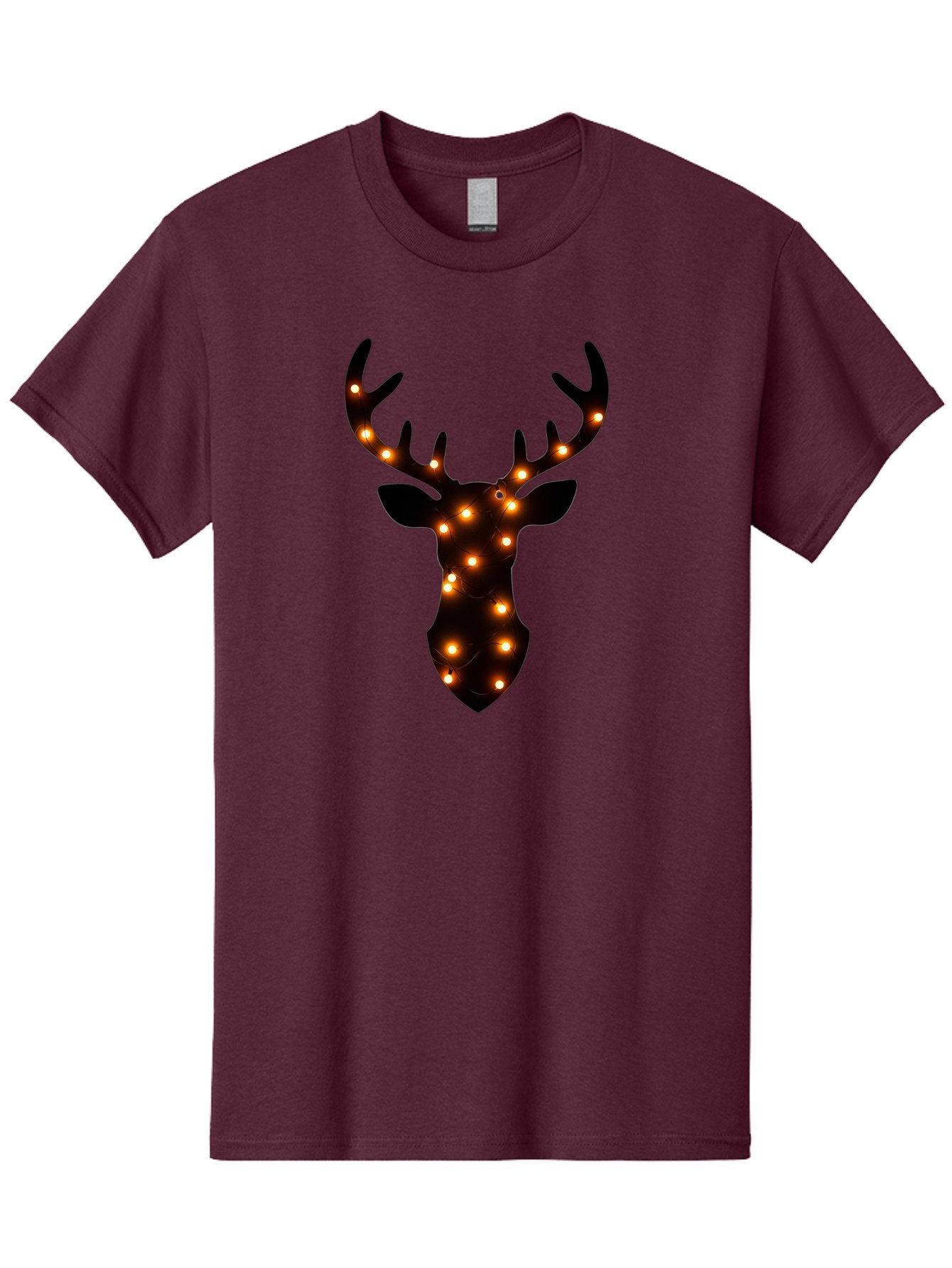 Deer-Head-With-Lights Men'S Graphic Tee, 100% Cotton, Comfortable Casual Summer Wear, Machine Washable, Deer Head Silhouette, String Lights, Festive Decor, Warm Glow, Holiday Decoration, Maroon Lights, Glowing Antlers, Illuminated Wildlife, Bab854 9