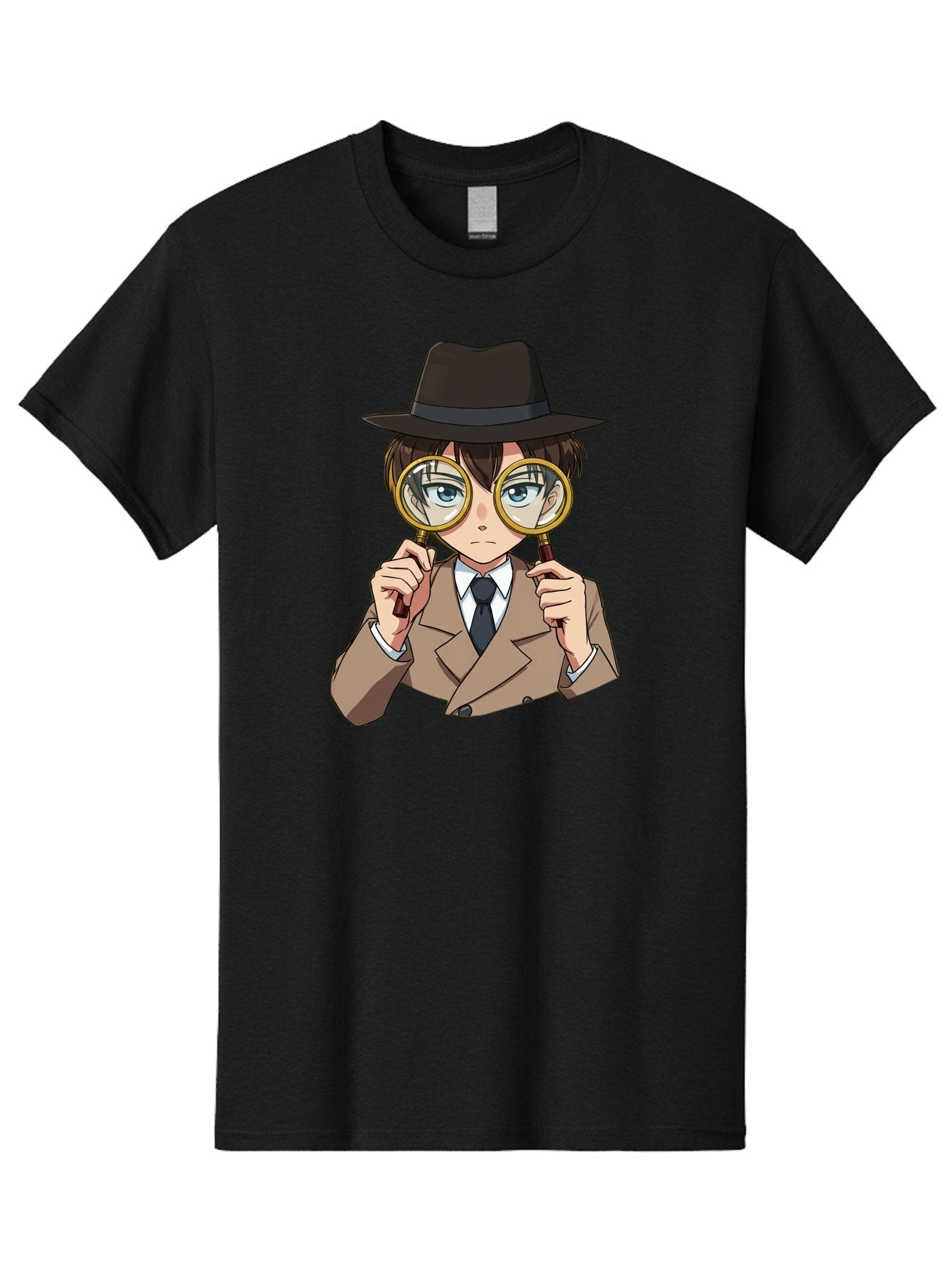 Detective-Boy Men'S Graphic Tee, 100% Cotton, Comfortable Casual Summer Wear, Machine Washable, Anime Boy, Magnifying Glass, Detective Theme, Investigation, Observation, Blue Eyes, Brown Hair, Brown Suit, Black Tie, White Shirt Bab855 15