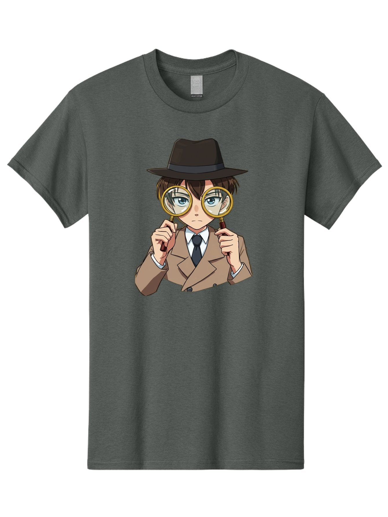 Detective-Boy Men'S Graphic Tee, 100% Cotton, Comfortable Casual Summer Wear, Machine Washable, Anime Boy, Magnifying Glass, Detective Theme, Investigation, Observation, Blue Eyes, Brown Hair, Brown Suit, Black Tie, White Shirt Bab855 5