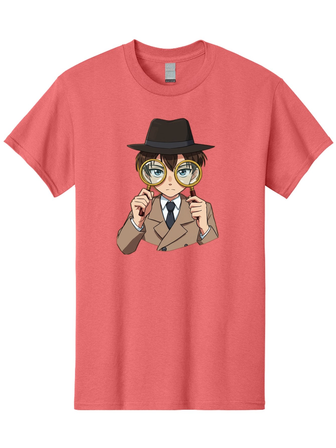 Detective-Boy Men'S Graphic Tee, 100% Cotton, Comfortable Casual Summer Wear, Machine Washable, Anime Boy, Magnifying Glass, Detective Theme, Investigation, Observation, Blue Eyes, Brown Hair, Brown Suit, Black Tie, White Shirt Bab855 12