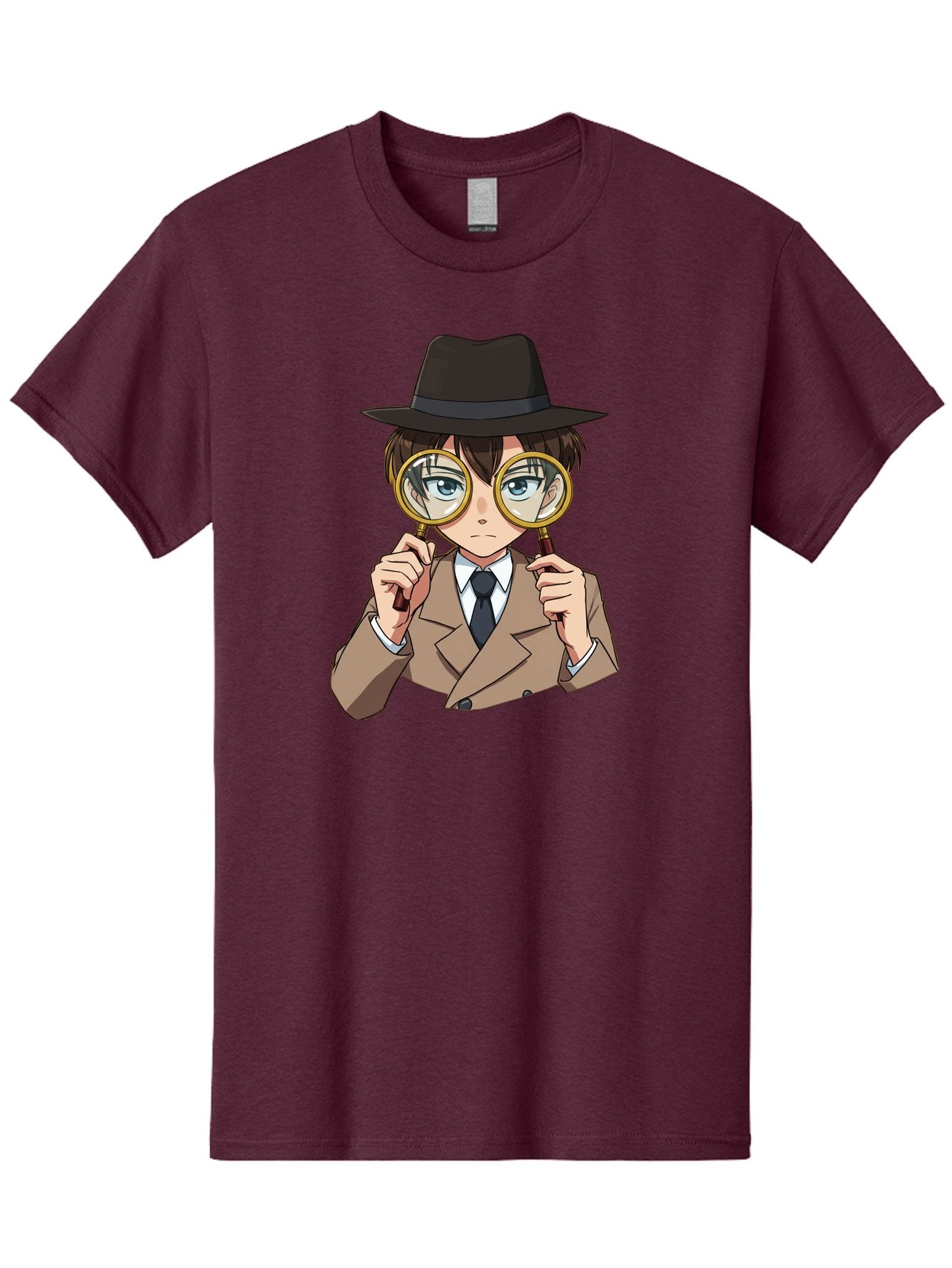 Detective-Boy Men'S Graphic Tee, 100% Cotton, Comfortable Casual Summer Wear, Machine Washable, Anime Boy, Magnifying Glass, Detective Theme, Investigation, Observation, Blue Eyes, Brown Hair, Brown Suit, Black Tie, White Shirt Bab855 6