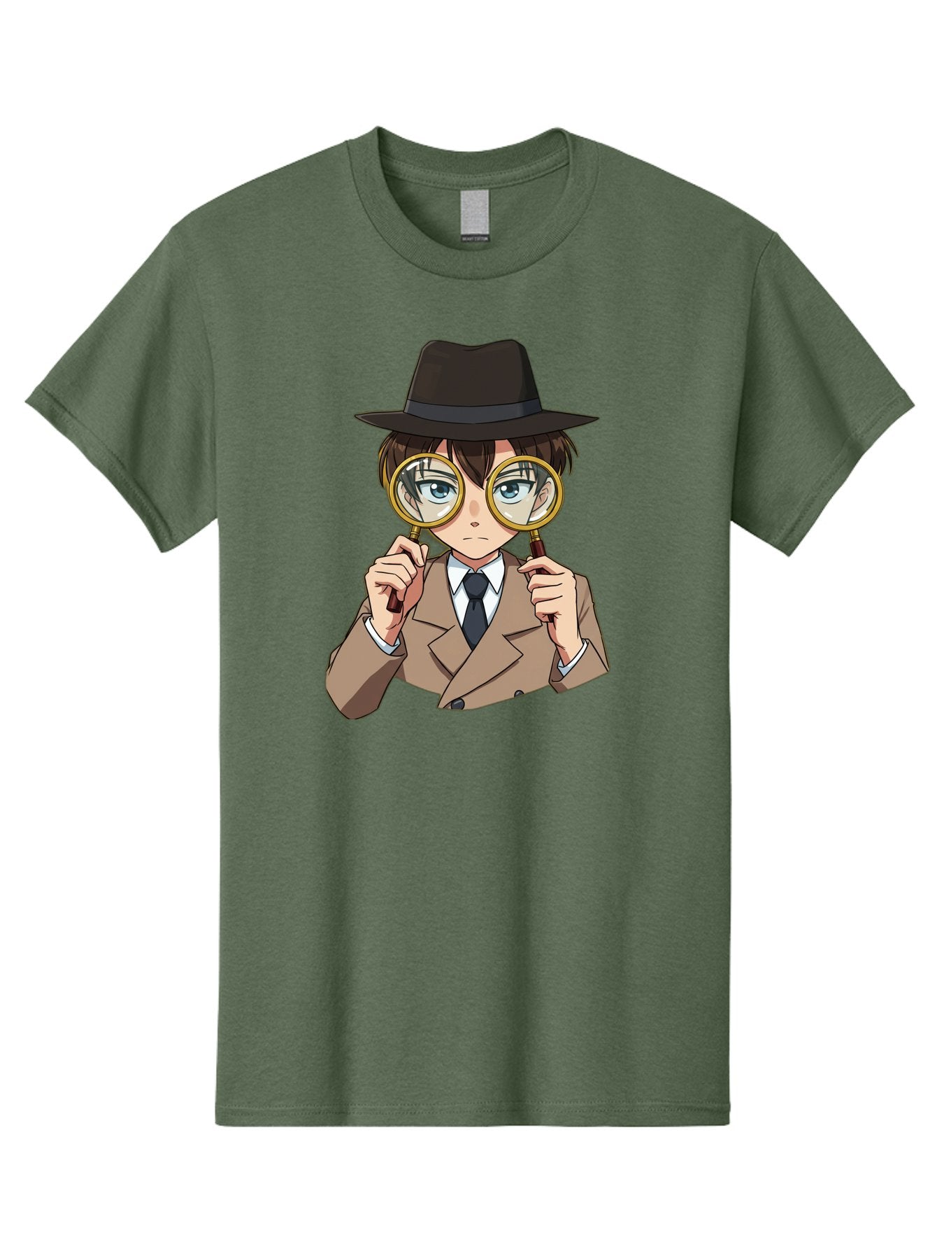Detective-Boy Men'S Graphic Tee, 100% Cotton, Comfortable Casual Summer Wear, Machine Washable, Anime Boy, Magnifying Glass, Detective Theme, Investigation, Observation, Blue Eyes, Brown Hair, Brown Suit, Black Tie, White Shirt Bab855 8