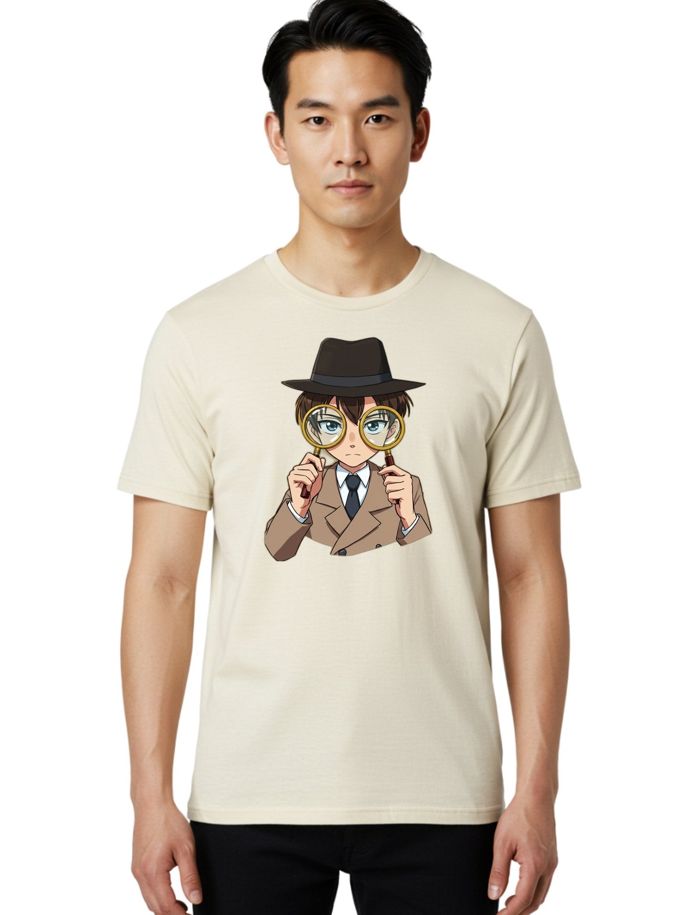 Detective-Boy Men'S Graphic Tee, 100% Cotton, Comfortable Casual Summer Wear, Machine Washable, Anime Boy, Magnifying Glass, Detective Theme, Investigation, Observation, Blue Eyes, Brown Hair, Brown Suit, Black Tie, White Shirt Bab855 20