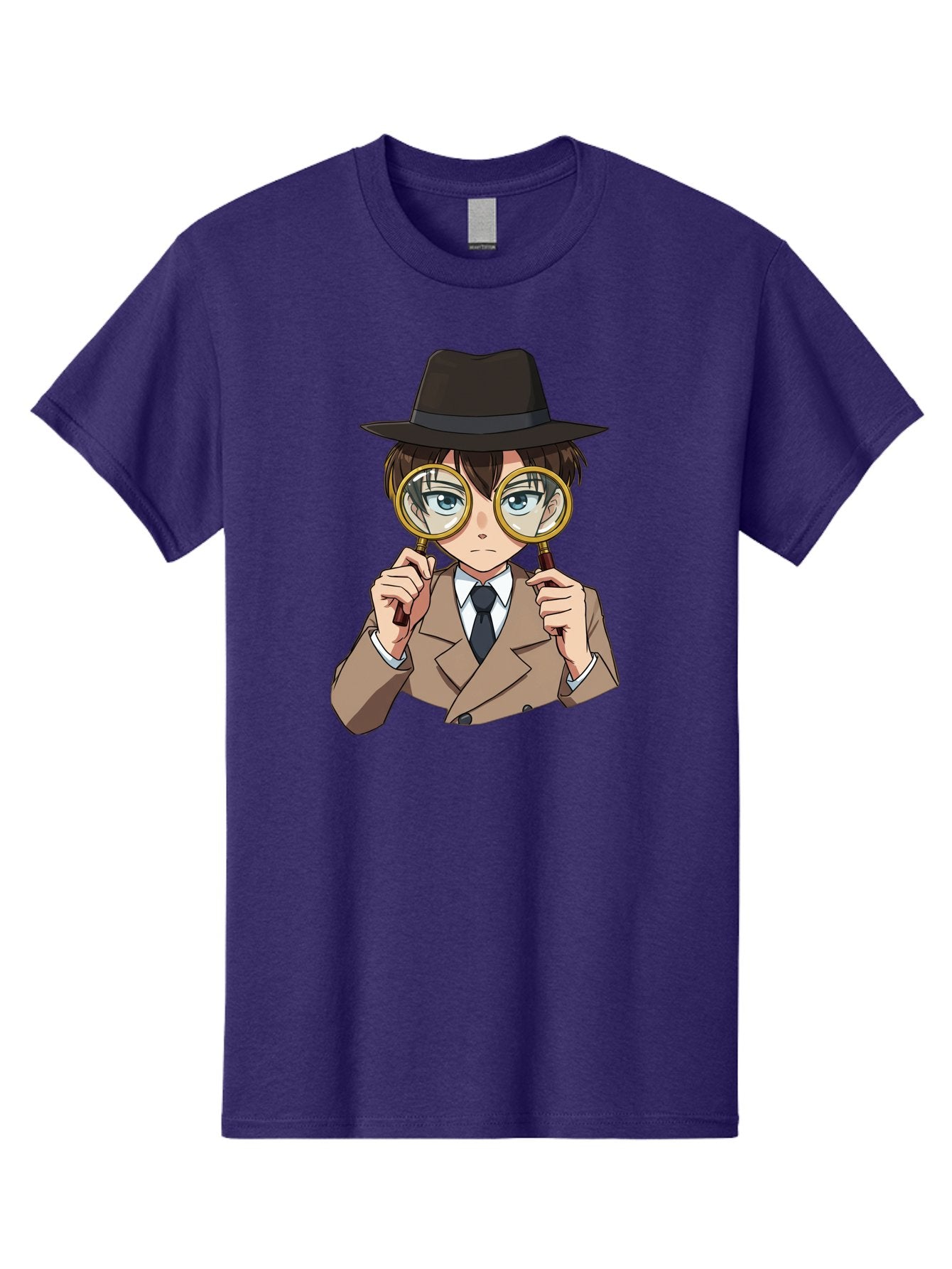 Detective-Boy Men'S Graphic Tee, 100% Cotton, Comfortable Casual Summer Wear, Machine Washable, Anime Boy, Magnifying Glass, Detective Theme, Investigation, Observation, Blue Eyes, Brown Hair, Brown Suit, Black Tie, White Shirt Bab855 10
