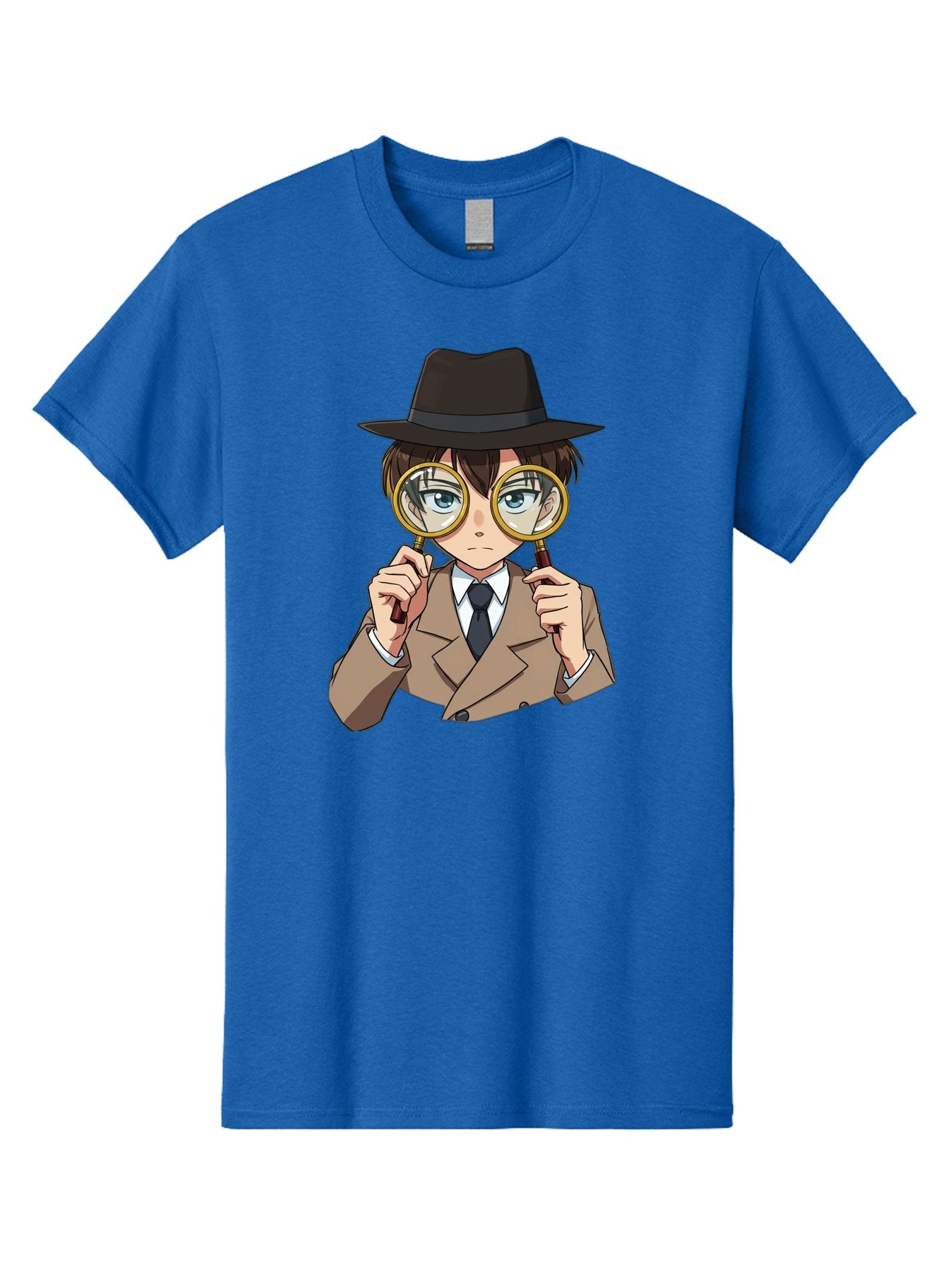 Detective-Boy Men'S Graphic Tee, 100% Cotton, Comfortable Casual Summer Wear, Machine Washable, Anime Boy, Magnifying Glass, Detective Theme, Investigation, Observation, Blue Eyes, Brown Hair, Brown Suit, Black Tie, White Shirt Bab855 11