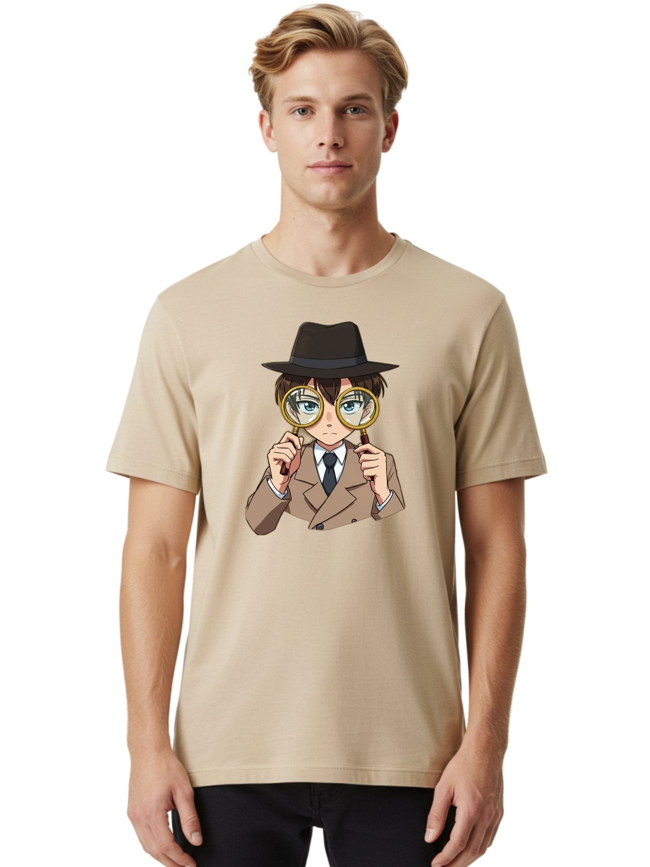 Detective-Boy Men'S Graphic Tee, 100% Cotton, Comfortable Casual Summer Wear, Machine Washable, Anime Boy, Magnifying Glass, Detective Theme, Investigation, Observation, Blue Eyes, Brown Hair, Brown Suit, Black Tie, White Shirt Bab855 18