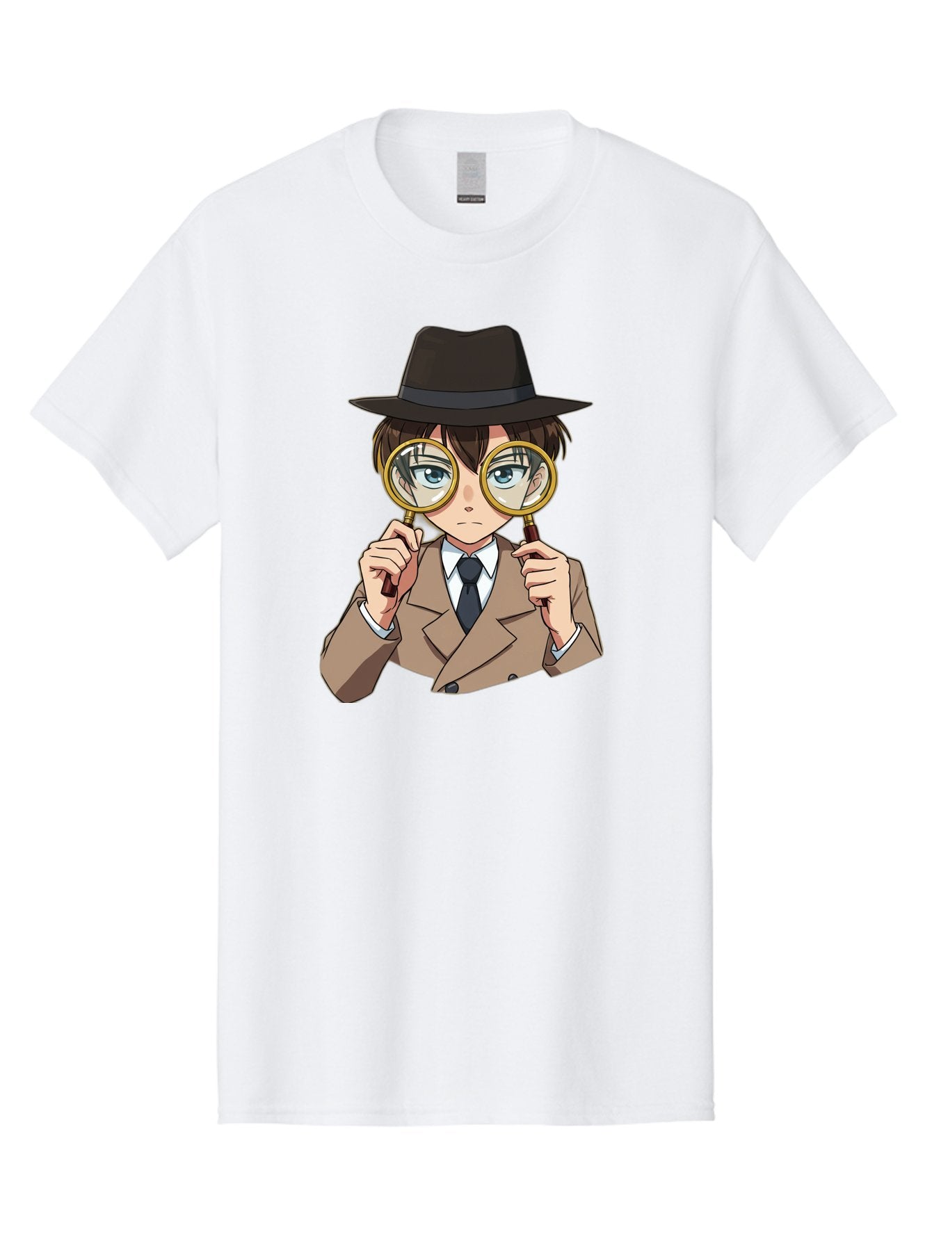 Detective-Boy Men'S Graphic Tee, 100% Cotton, Comfortable Casual Summer Wear, Machine Washable, Anime Boy, Magnifying Glass, Detective Theme, Investigation, Observation, Blue Eyes, Brown Hair, Brown Suit, Black Tie, White Shirt Bab855 14