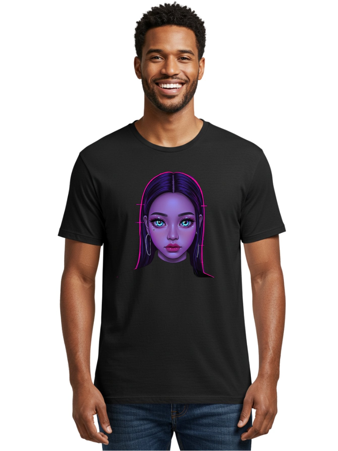 Digital-Art-Portrait Men'S Graphic Tee, 100% Cotton, Comfortable Casual Summer Wear, Machine Washable, Digital Art, Futuristic Beauty, Purple Skin Tone, Blue Eyes, Makeup, Silver Earrings, Long Hair, Straight Hair, 3D Rendering, Modern Style, Bab856 23