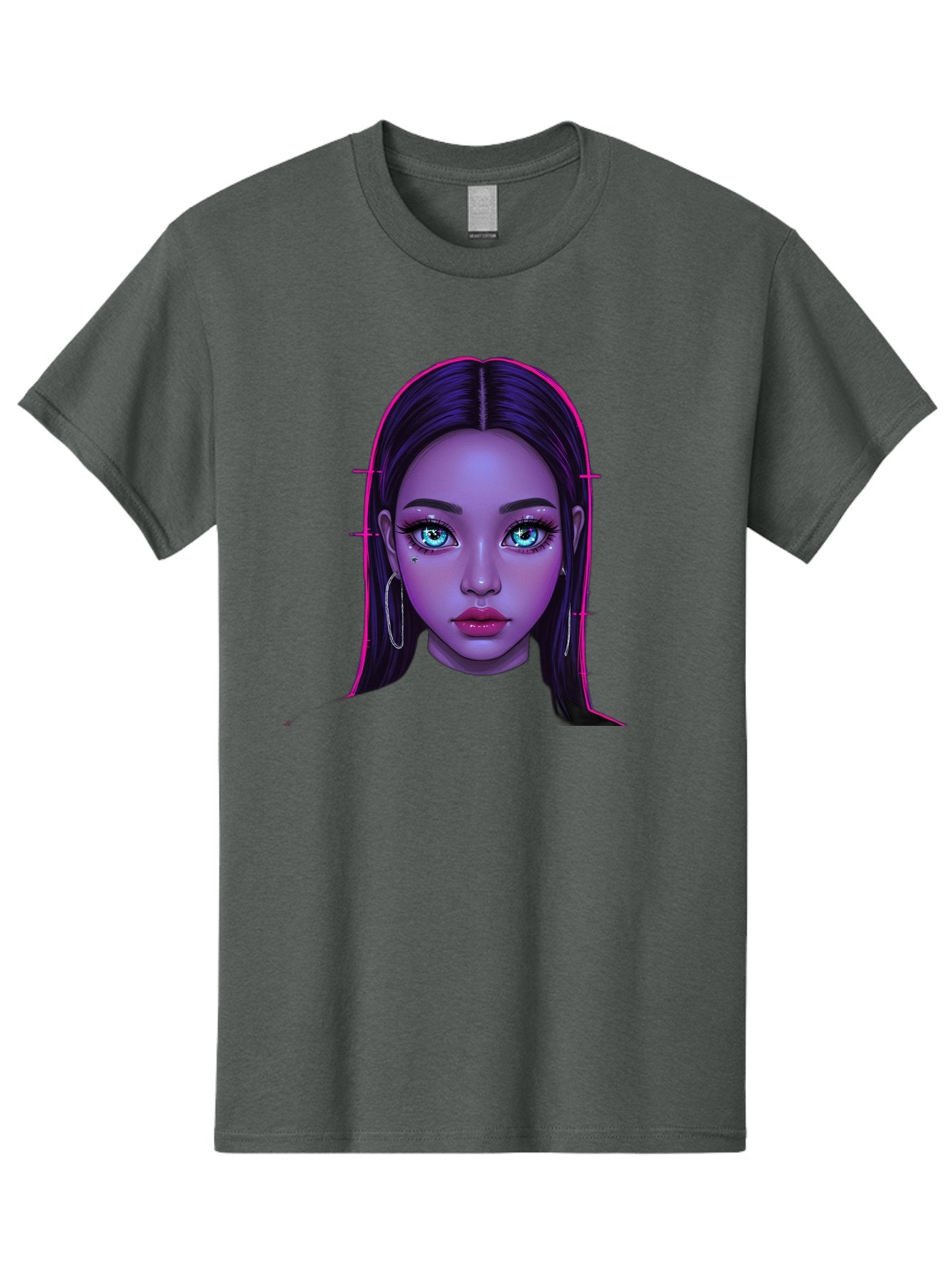 Digital-Art-Portrait Men'S Graphic Tee, 100% Cotton, Comfortable Casual Summer Wear, Machine Washable, Digital Art, Futuristic Beauty, Purple Skin Tone, Blue Eyes, Makeup, Silver Earrings, Long Hair, Straight Hair, 3D Rendering, Modern Style, Bab856 11